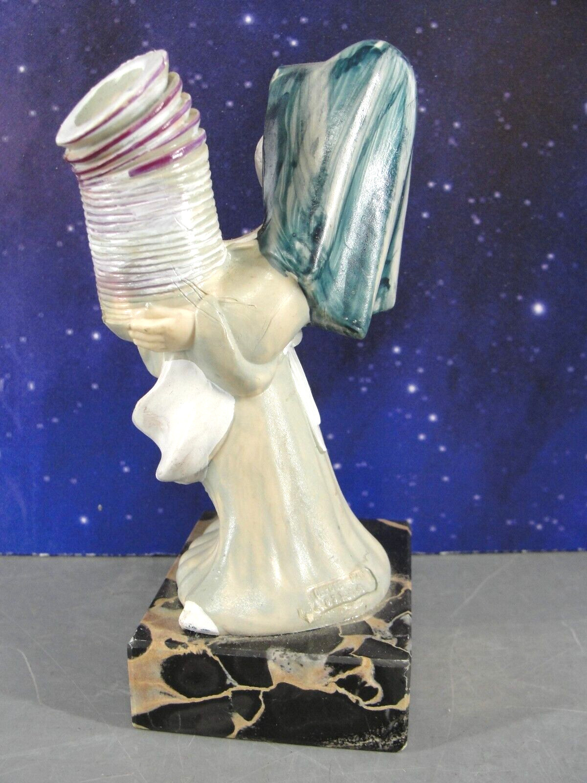 FONTANINI SIMONETTI DEPOSE NUN FIGURE CARRARA MARBLE BASE HAND PAINTED ITALY VTG