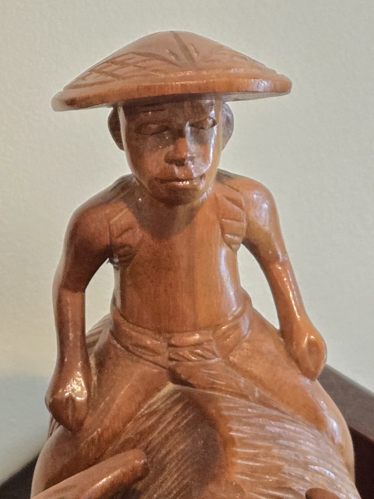 Vintage Hand Carved Wood Asian Farmer Riding Water Buffalo Sculpture Statue Ox