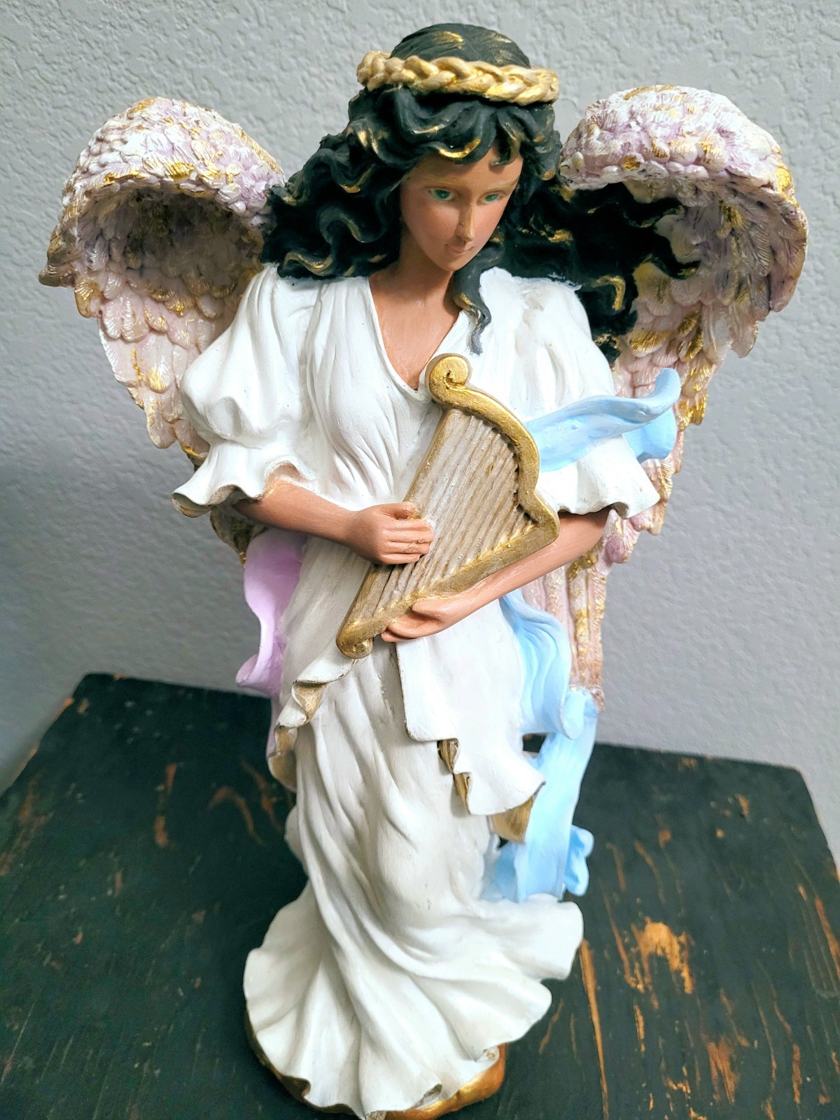 Large 15″ Vintage African American Angel Harp Religious Statue Christian Figure