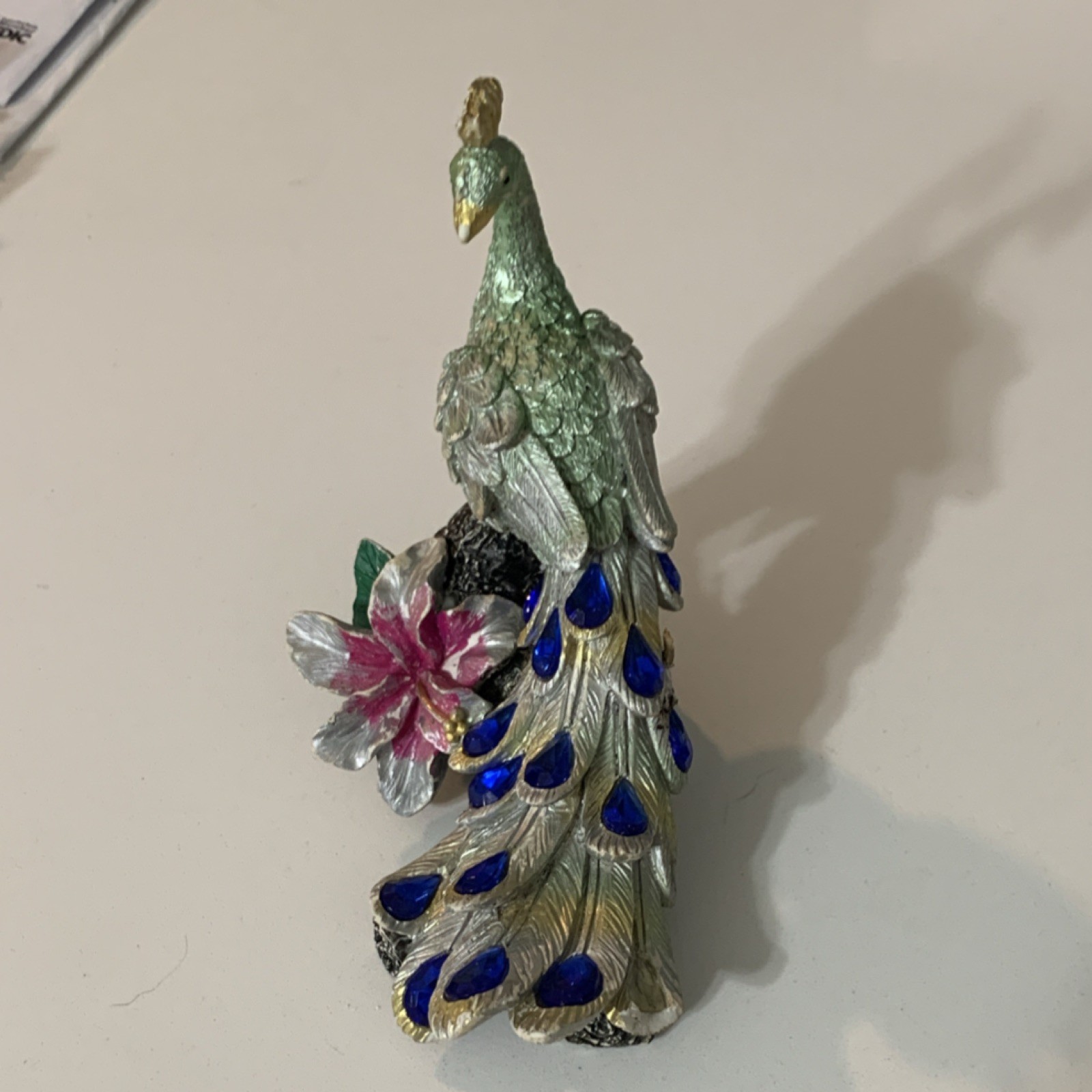 Metallic Peacock Figurine Silver Blue Green Pink Metal Animal Decor