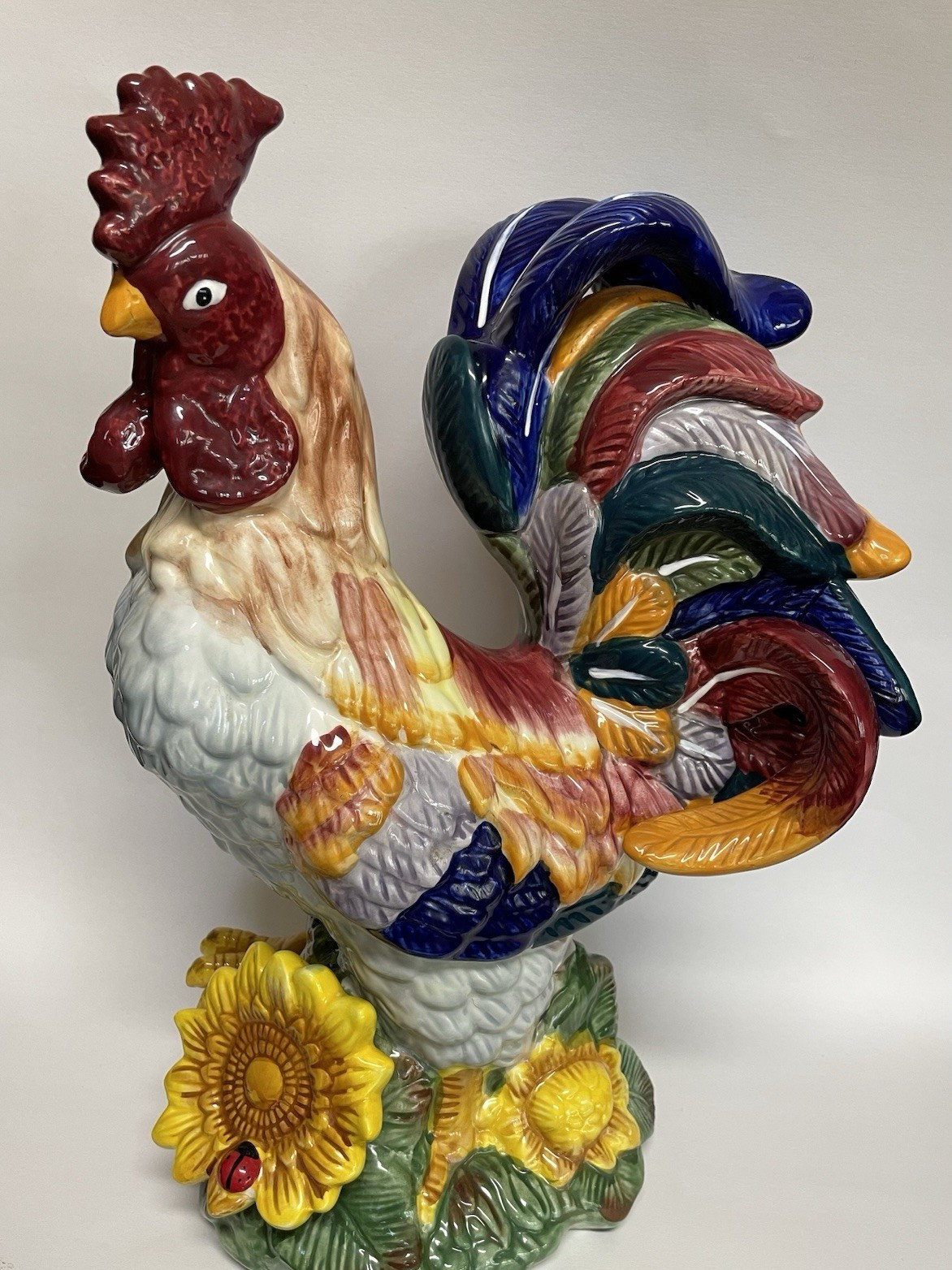 Ceramic Rooster on Sunflower Large Vintage J. Willfred Handpainted Sadek 15.5″