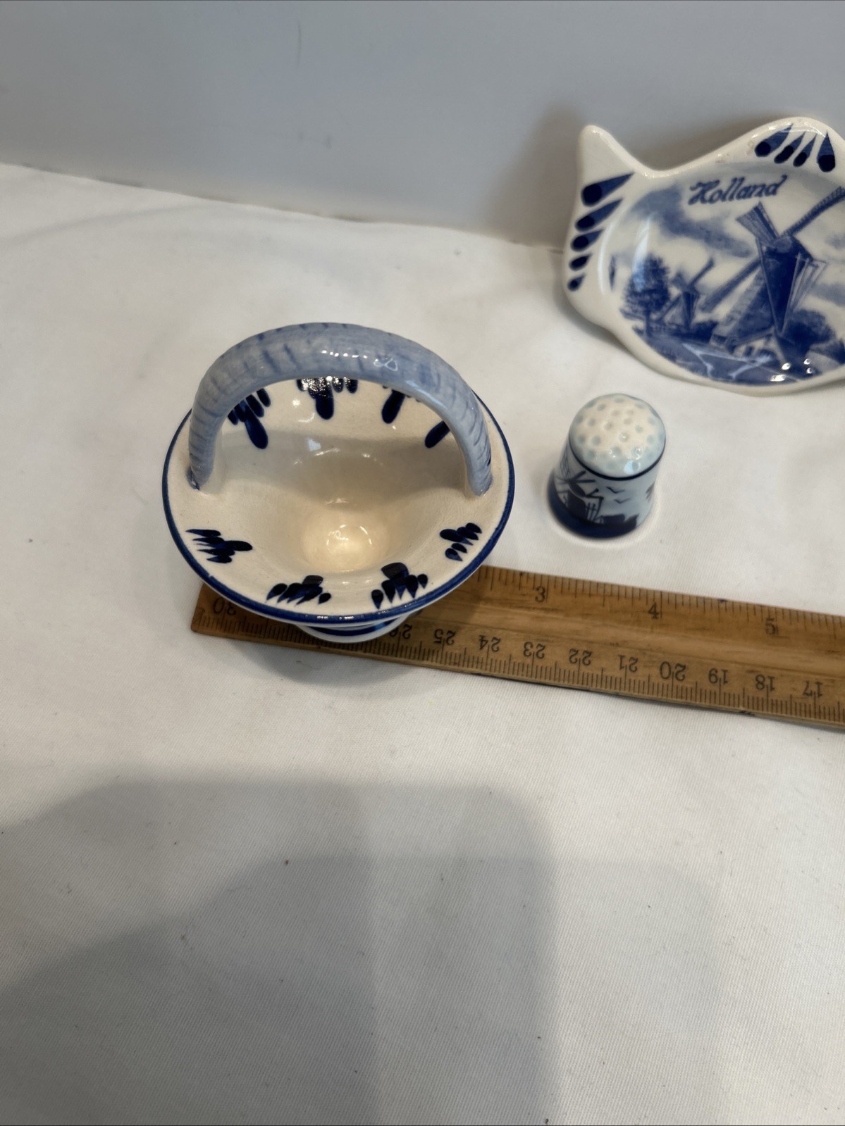 Delft 5 Items Thimble, Basket, Tea Bag Rest, Windmill,Plate Vintage Holland Blue
