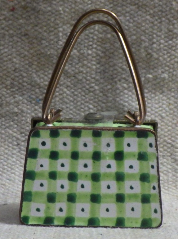 Kelvin Chen copper Enamel 2001 #240 green plaid purse 1 5/8-3.25 trinket box
