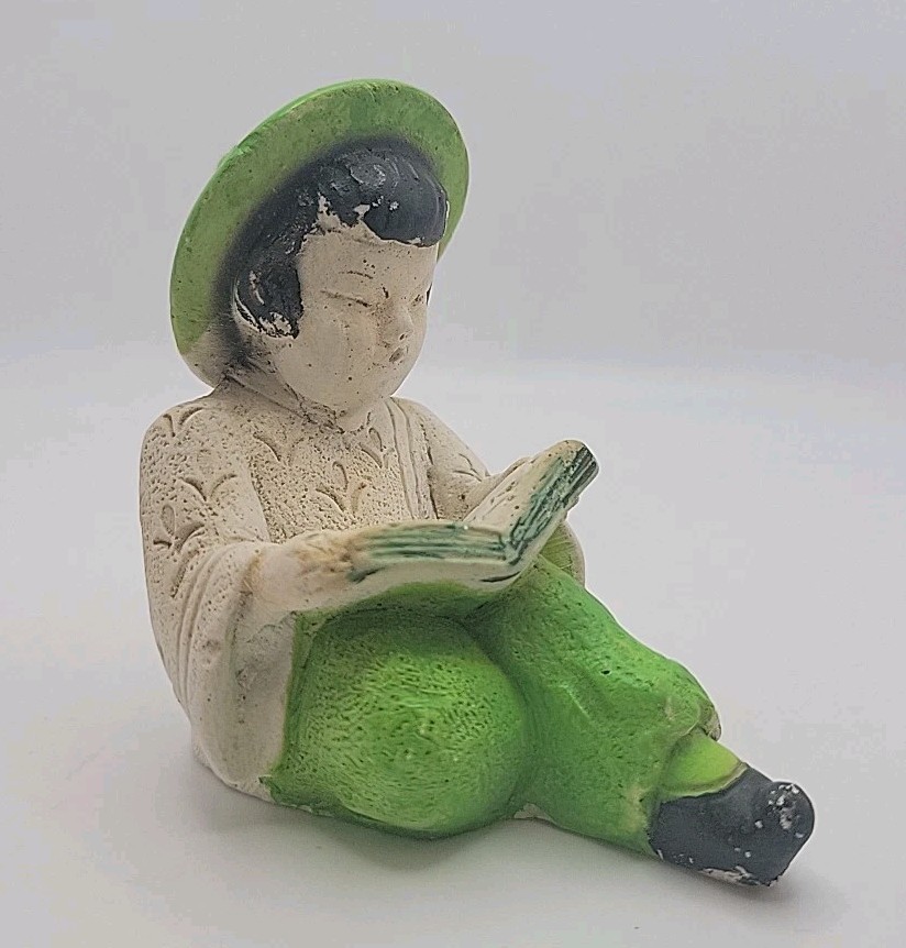Vintage Coventry Ware Green and White Reading Asian Chalkware Figurine