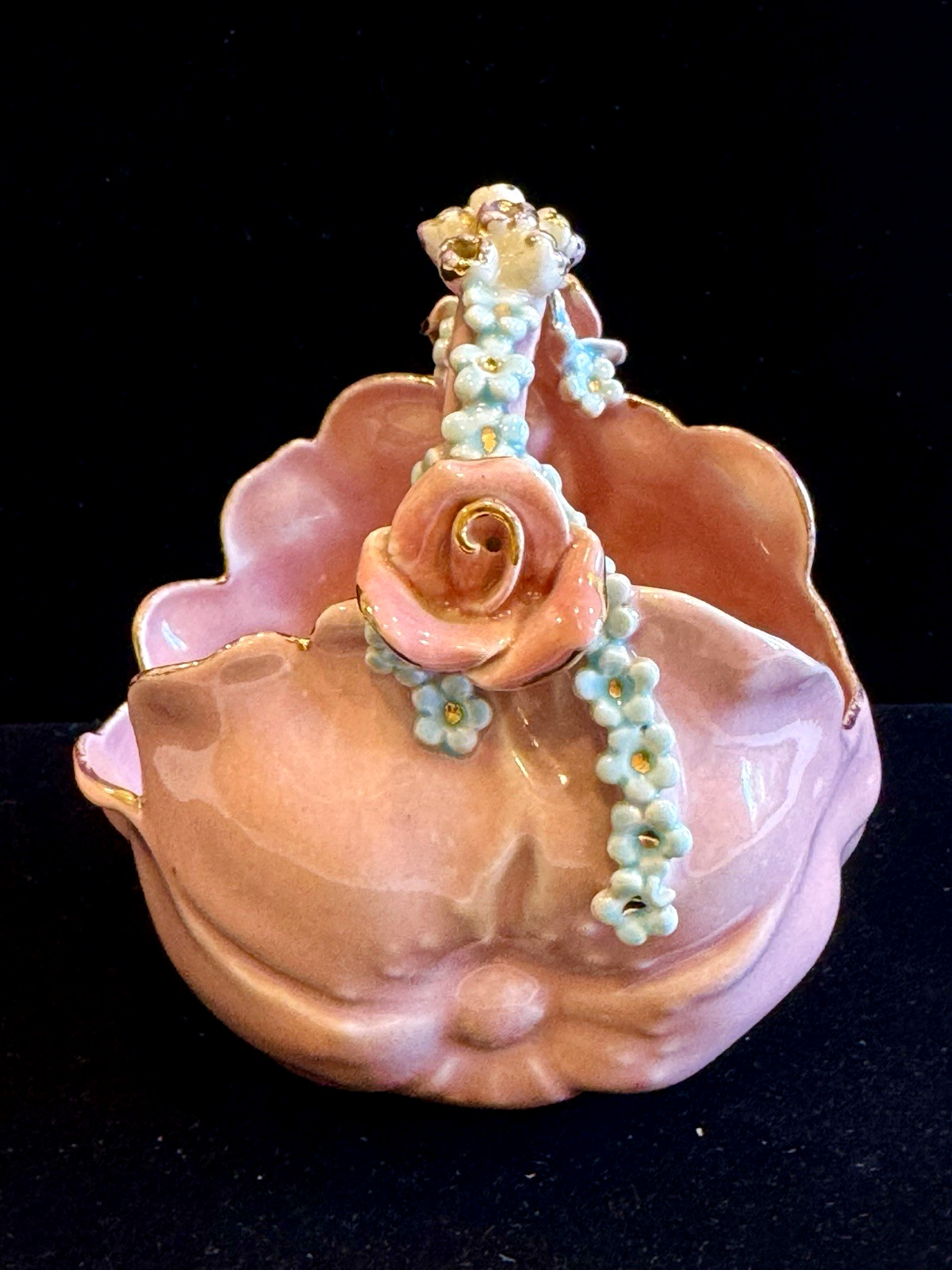 VTG Juliana Craft Porcelain Rose Basket Pink Gold Signed Handmade Capodimonte
