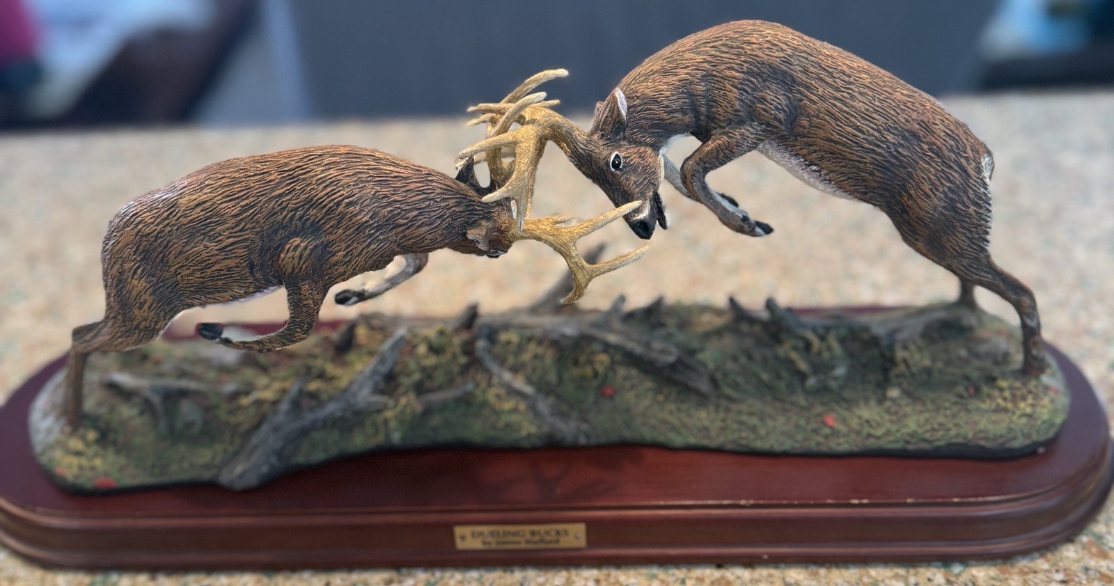 James Stafford 15” Danbury Mint Dueling Bucks Whitetail Deer Sculpture
