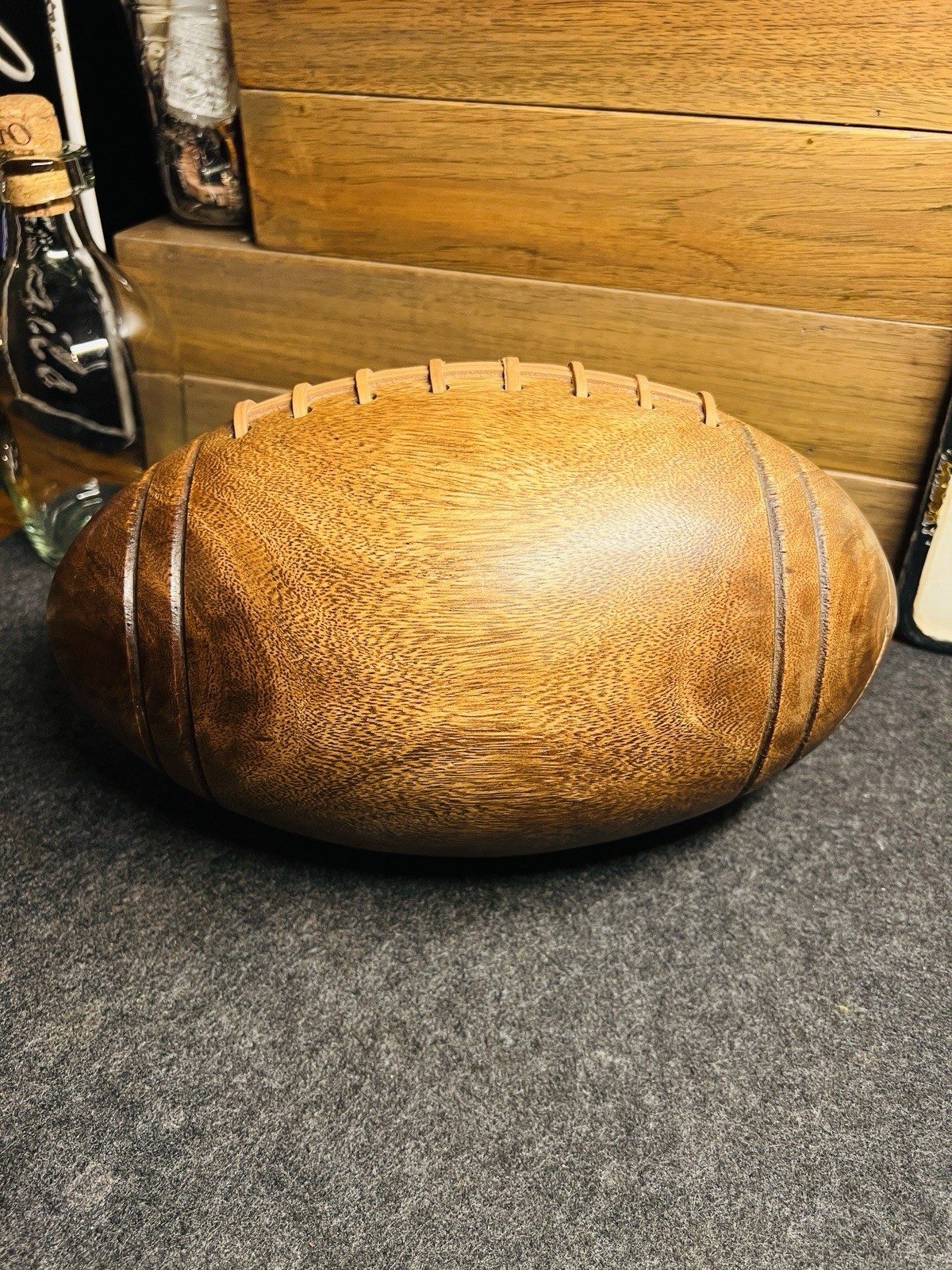 Hand Carved Solid Olive wood & Leather Pro Size American Football Sculpture