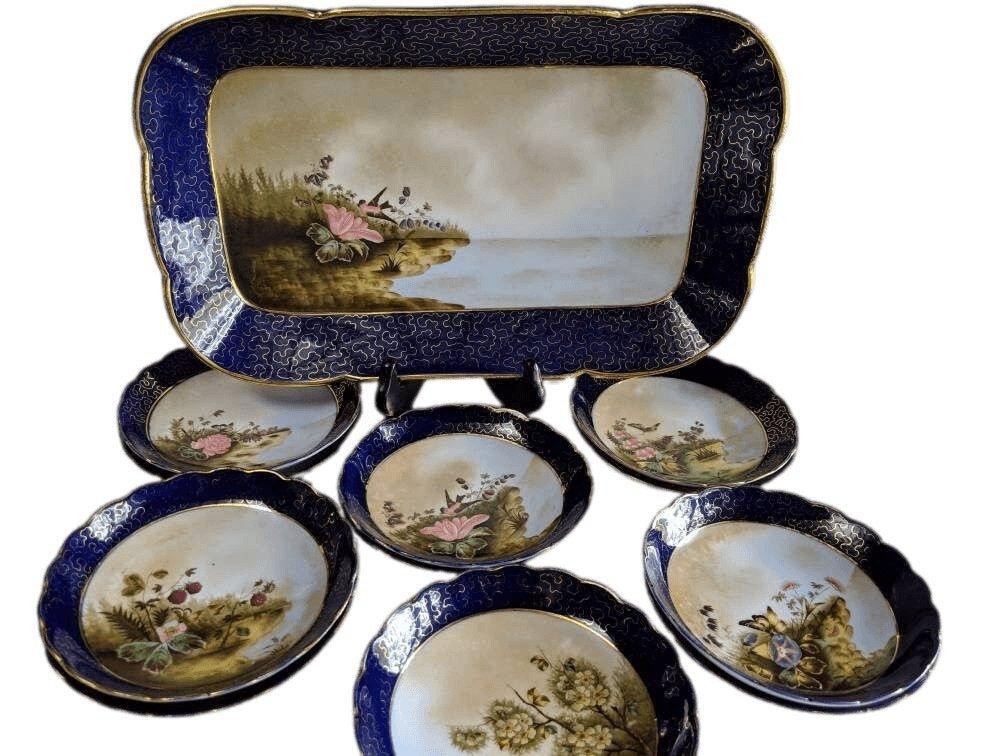 Antique Hand Painted Porcelain Dessert Set 13pc 1850’s