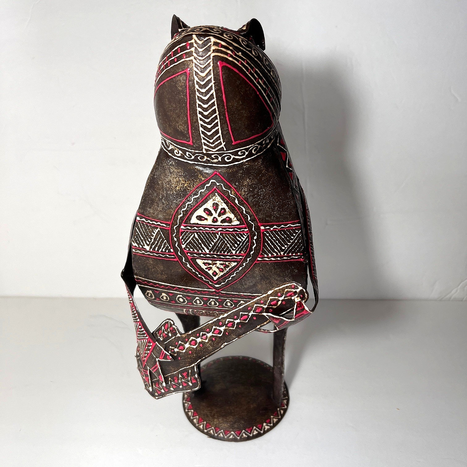 Metal Frog Playing Guitar Sculpture Enameled Afriican Tribal Pattern 14.5″ Tall