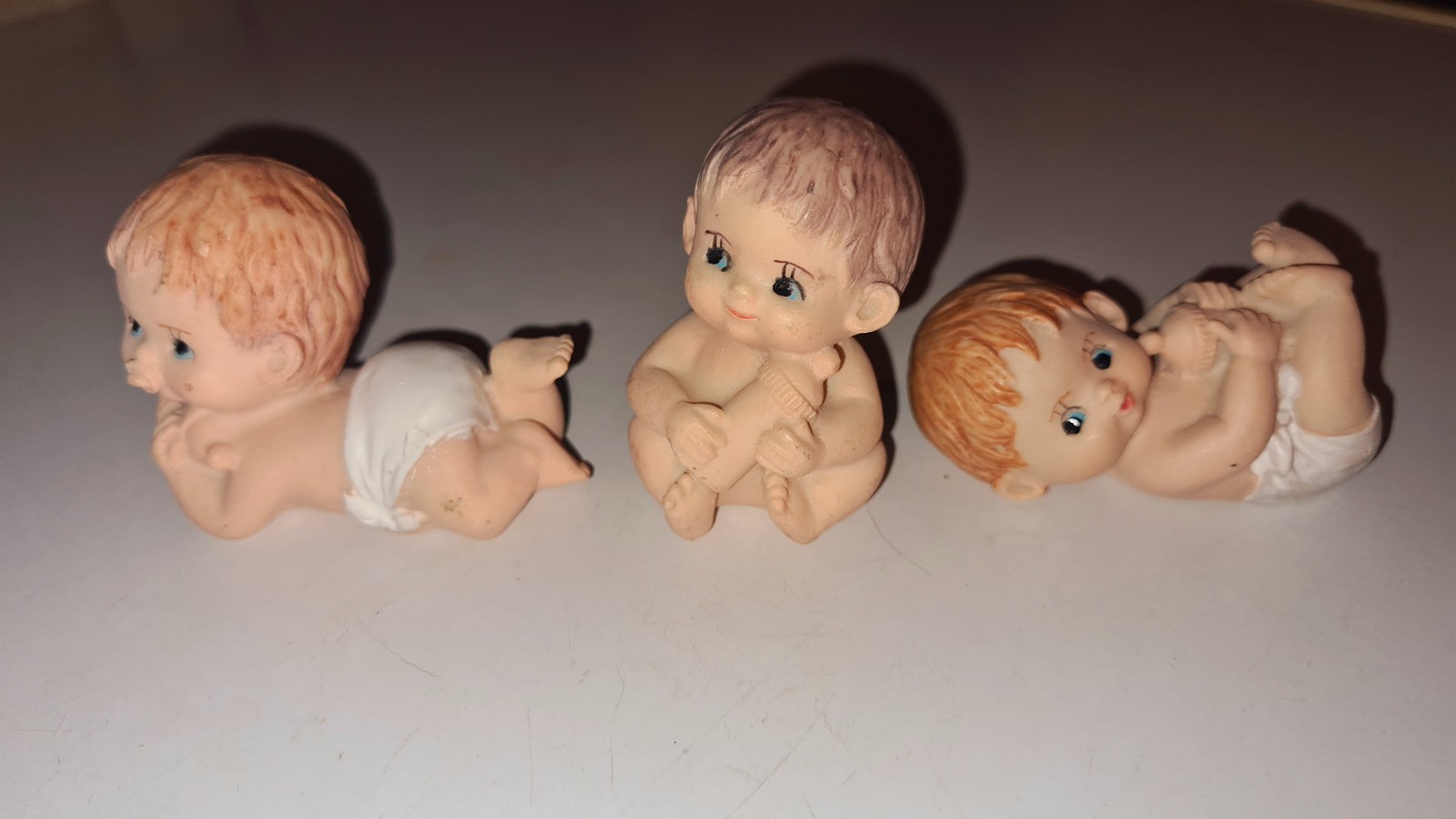 Vintage Set Of 3 Miniature Baby Figurines In Diapers Nursery Piano Babies Shower