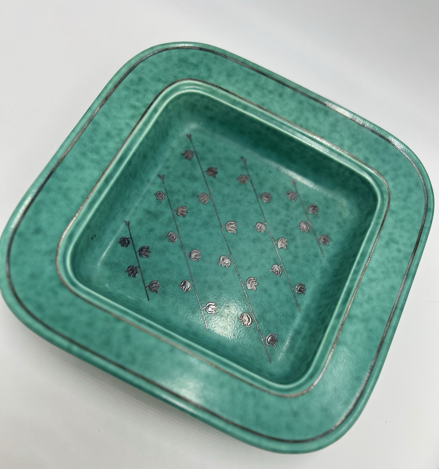MCM W. Kage Swedish Ceramic Tabletop Square Bowl Sterling Silver Flowers Teal