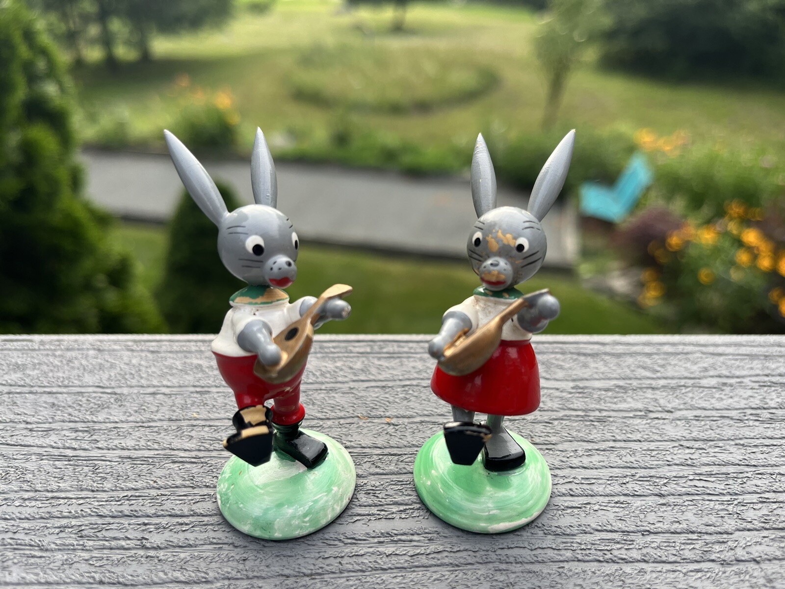 2 Vintage Goula Spain Musical Bunny Rabbit Wood Mini Miniature Figurines
