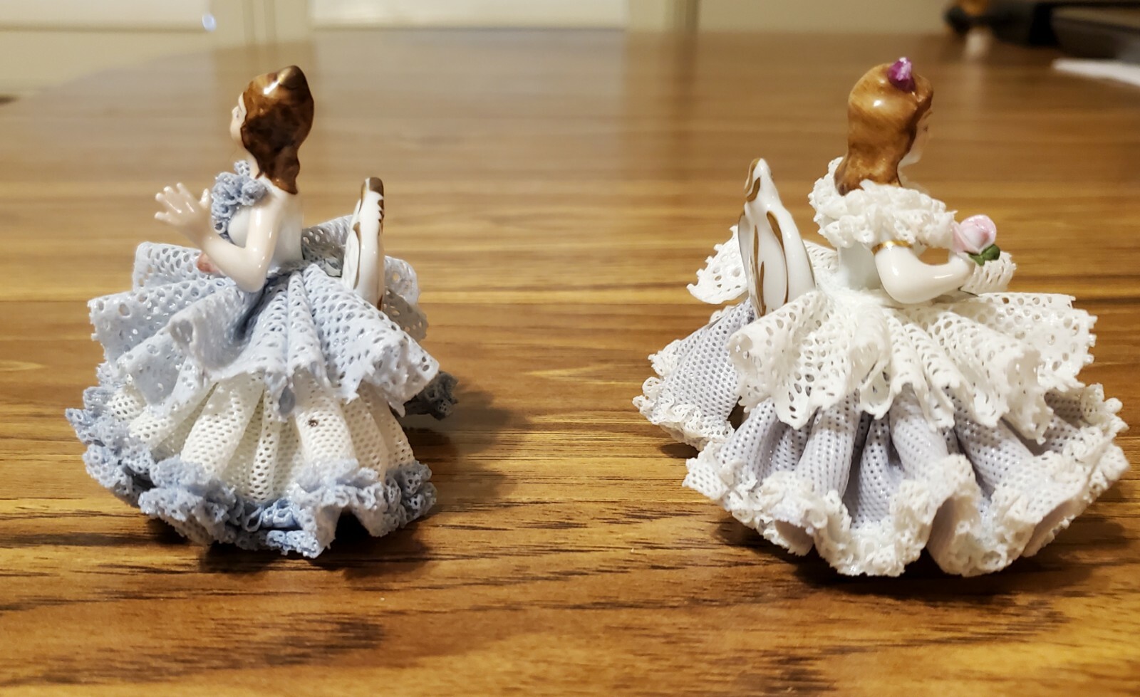 Pair Of Karl Klette Petite Ladies Of The Court Dresden Lace Figurines-seated 3″