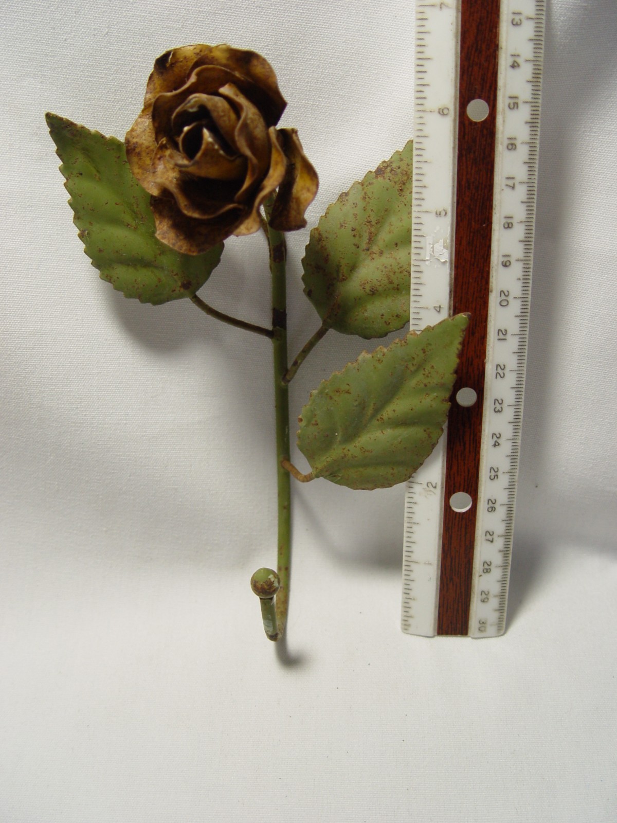 Flower Wall Hook Distressed Metal |Brown Finish Green Leaf Rustic Cottage Shabby