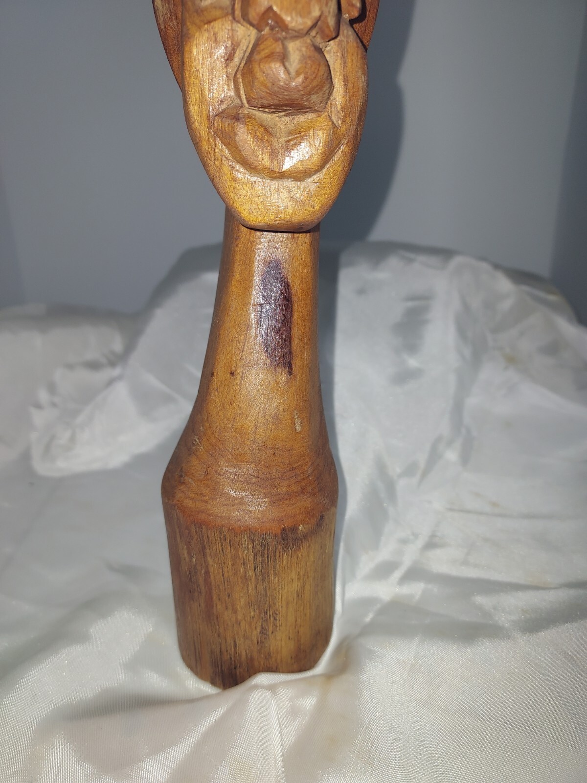 Hand Carved wood HEAD face 11” TALL bust figure sculpture Nose Cracked See Pics