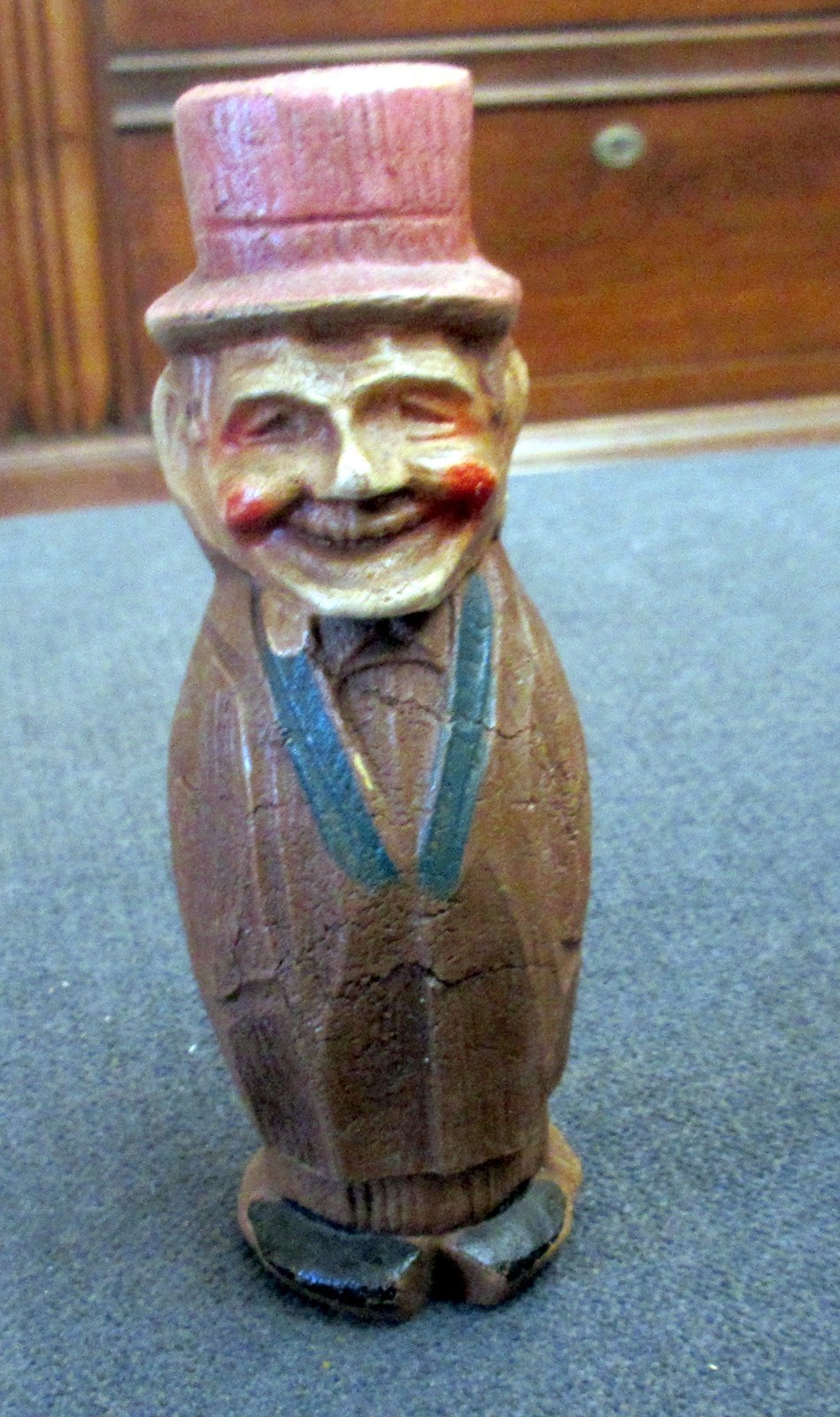 Vintage Brown & Blue Resin Smiling Figurine in Long Coat & Top Hat, 4½” tall