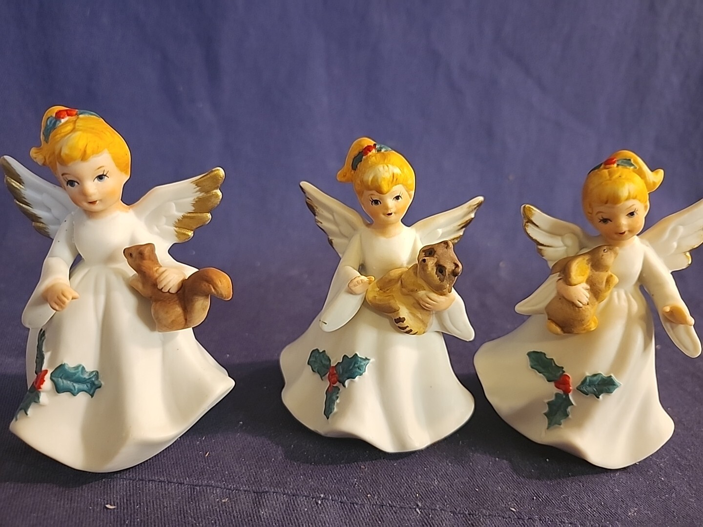 Vintage Porcelain F-728 Made in Taiwan Angels Holding Squirrel,Racoon,Rabbit