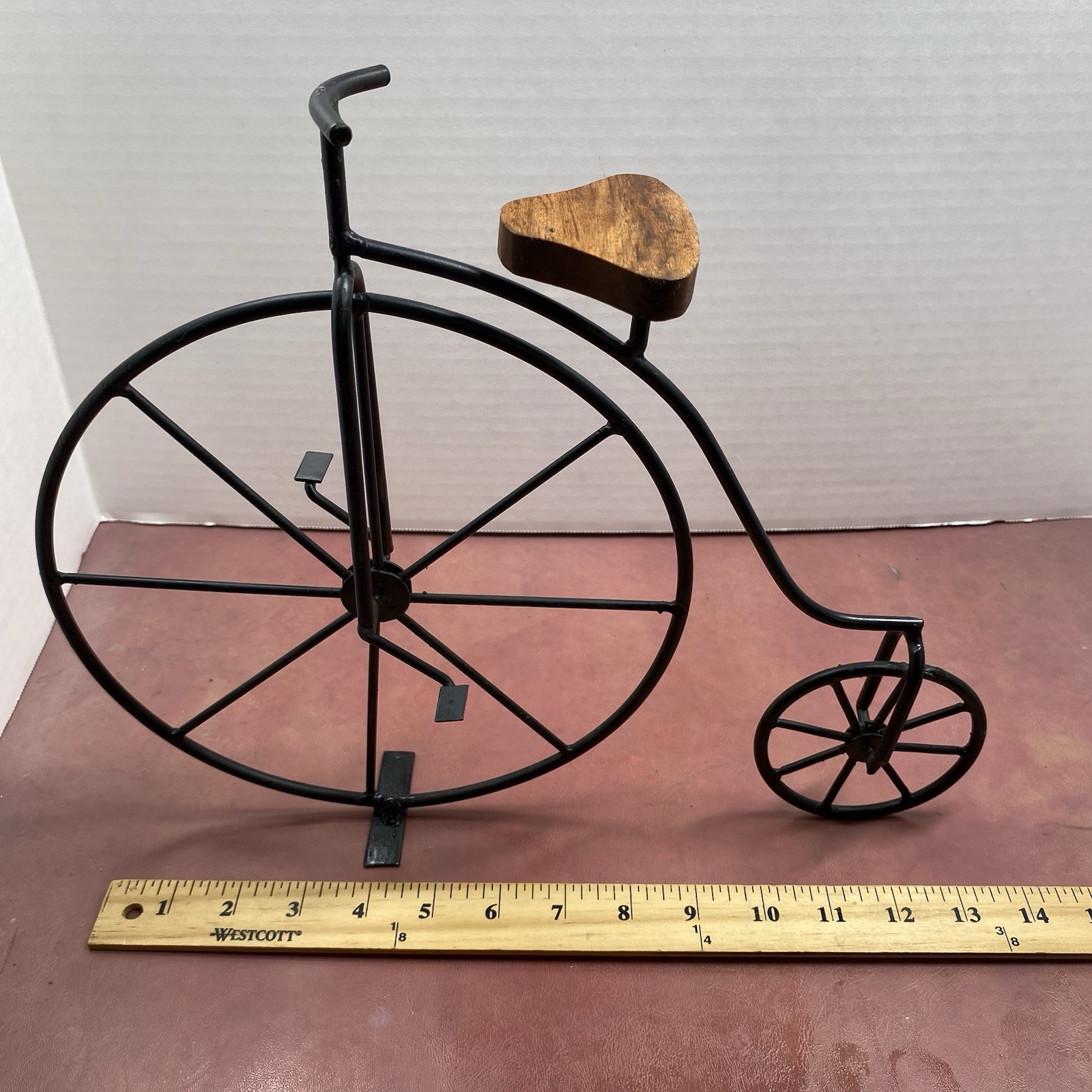 Vtg Style 12″ Penny Farthing Bicycle Metal Sculpture Wooden Seat Freestanding