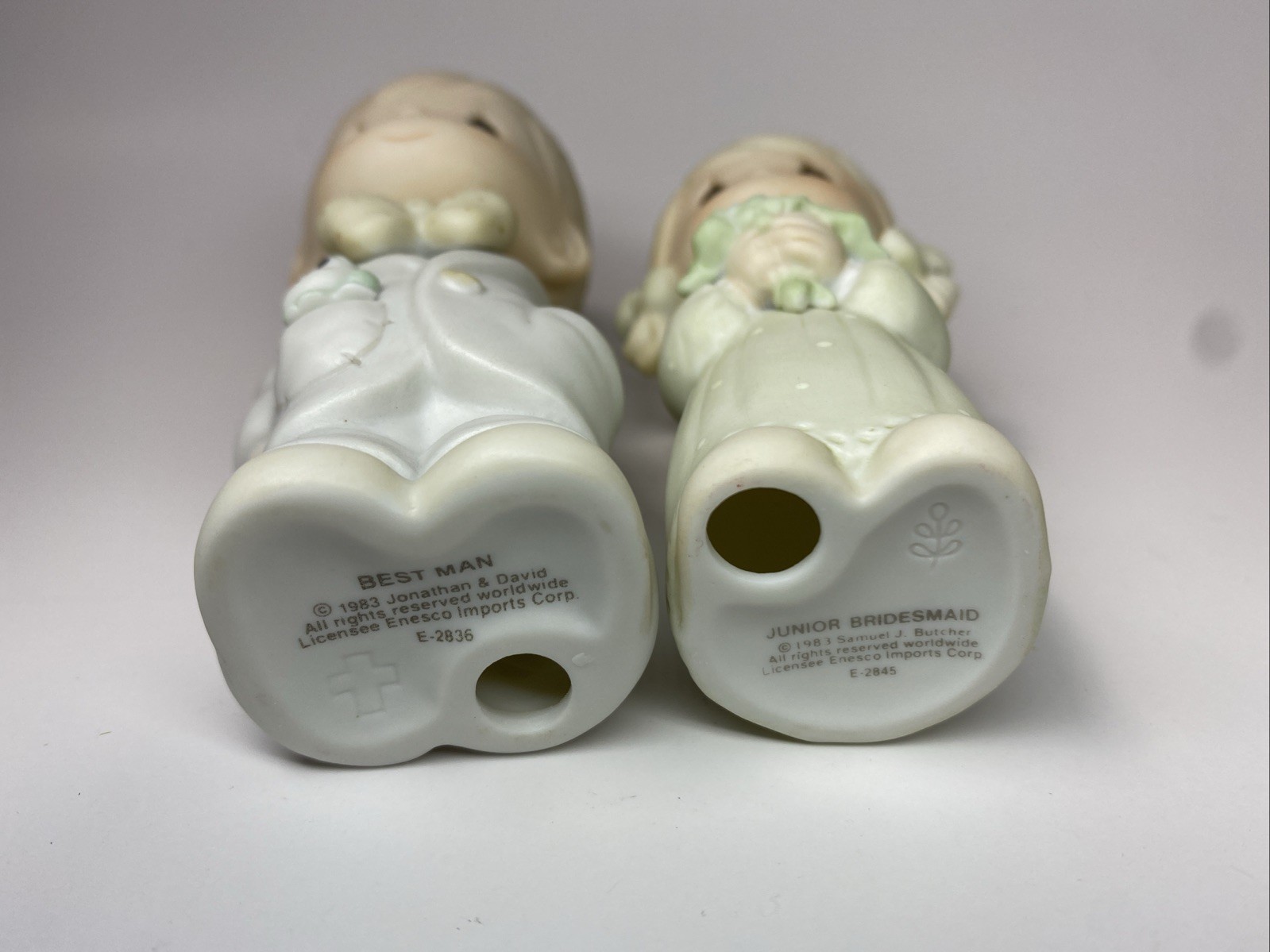 Precious Moments #E2836 & E2845 – Best Man and Junior Bridesmaid – Enesco 1983