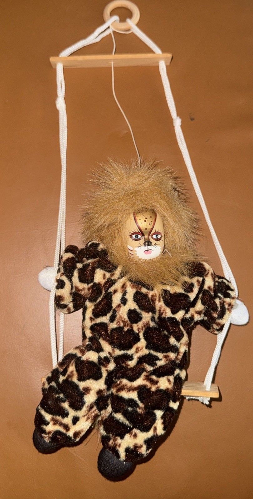 Vintage Marionette Porcelain Faced 8″ Cat Clown Puppet on Swing ~ Leopard Print
