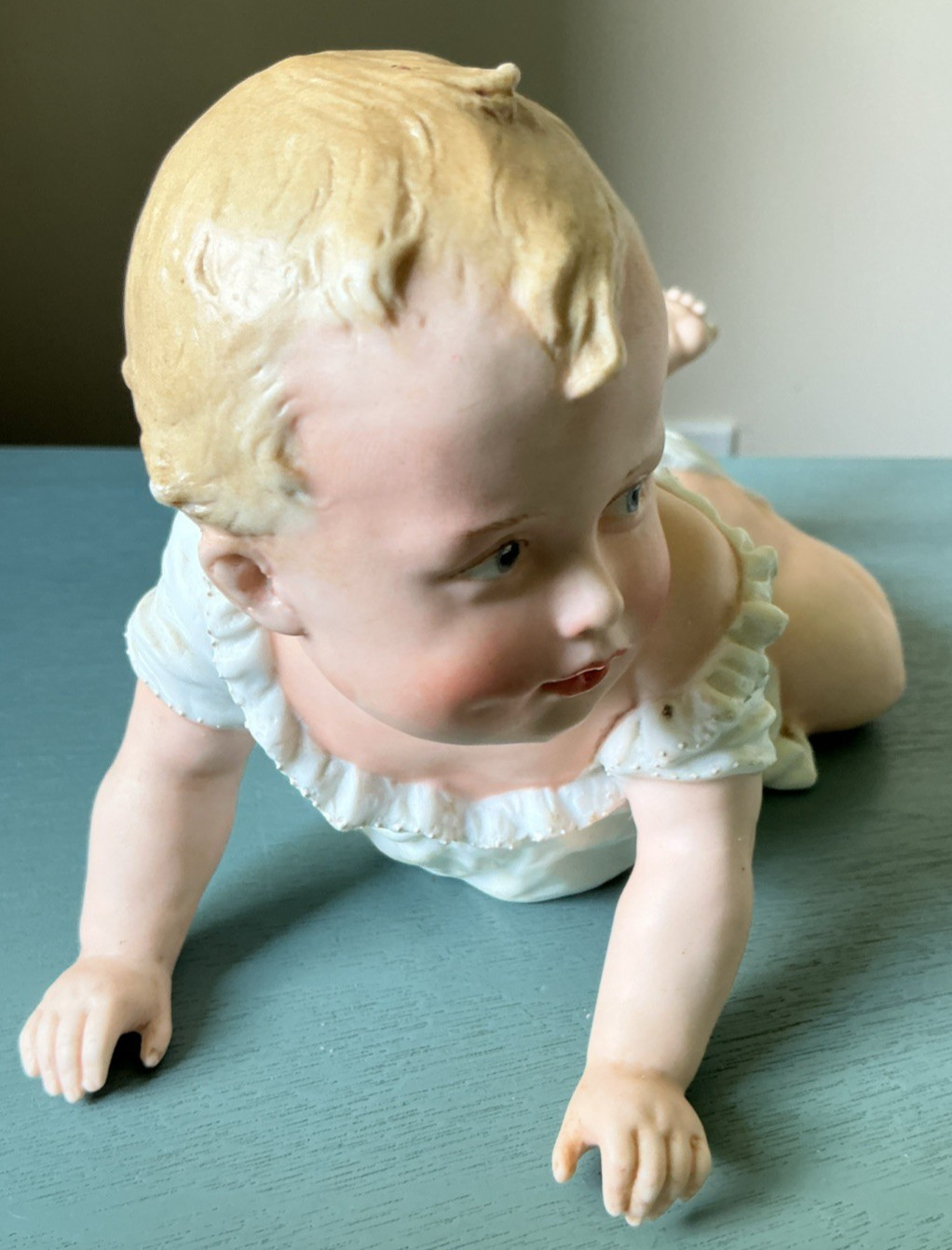 Antique Gebruder Heubach Bisque Piano Baby Figurine 8.5″ L Crawling Germany DEP