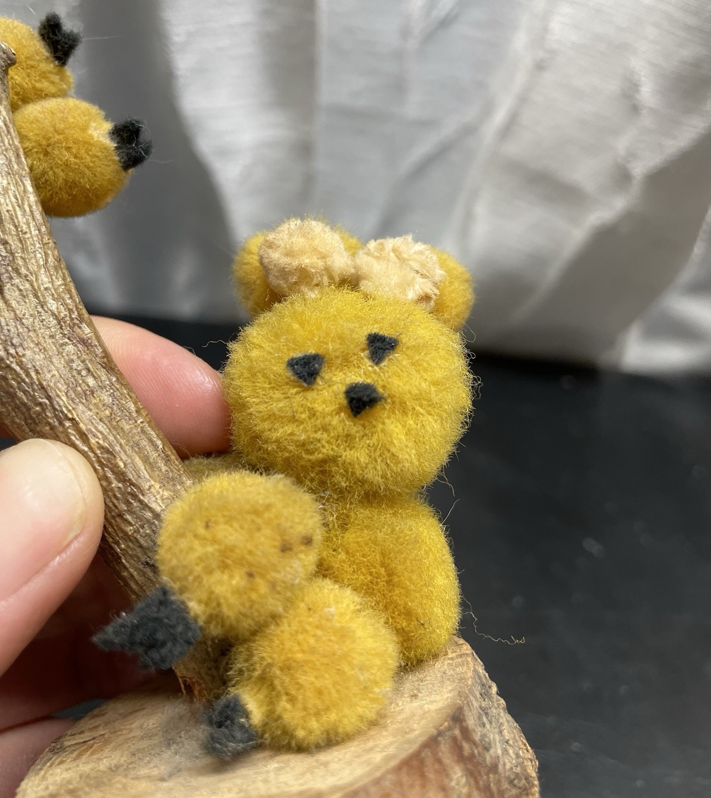 Handcrafted Miniature Animals/ Pompoms Made, Claiming a Branch, Mofy Rabbit
