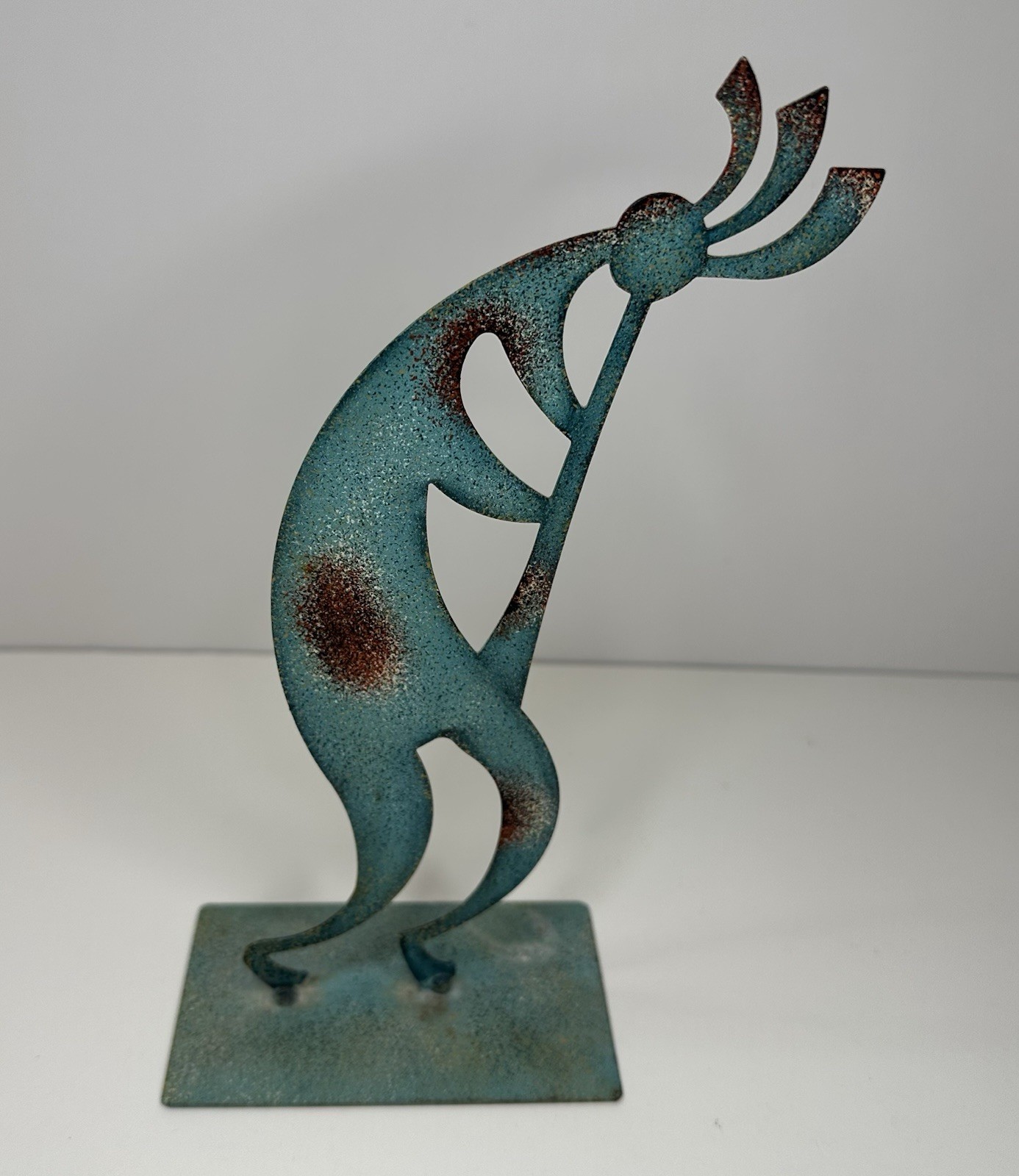 Kokopelli Flute Dancing Metal Statue 8.25” Inch Teal Southwest Flute Player