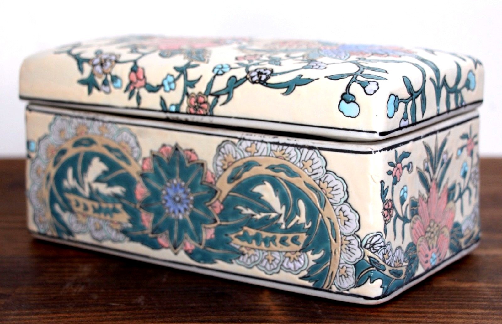 XL ANDREA by SADEK BLUE PINK CHINESE JADE PORCELAIN DRESSER TRINKET JEWELRY BOX