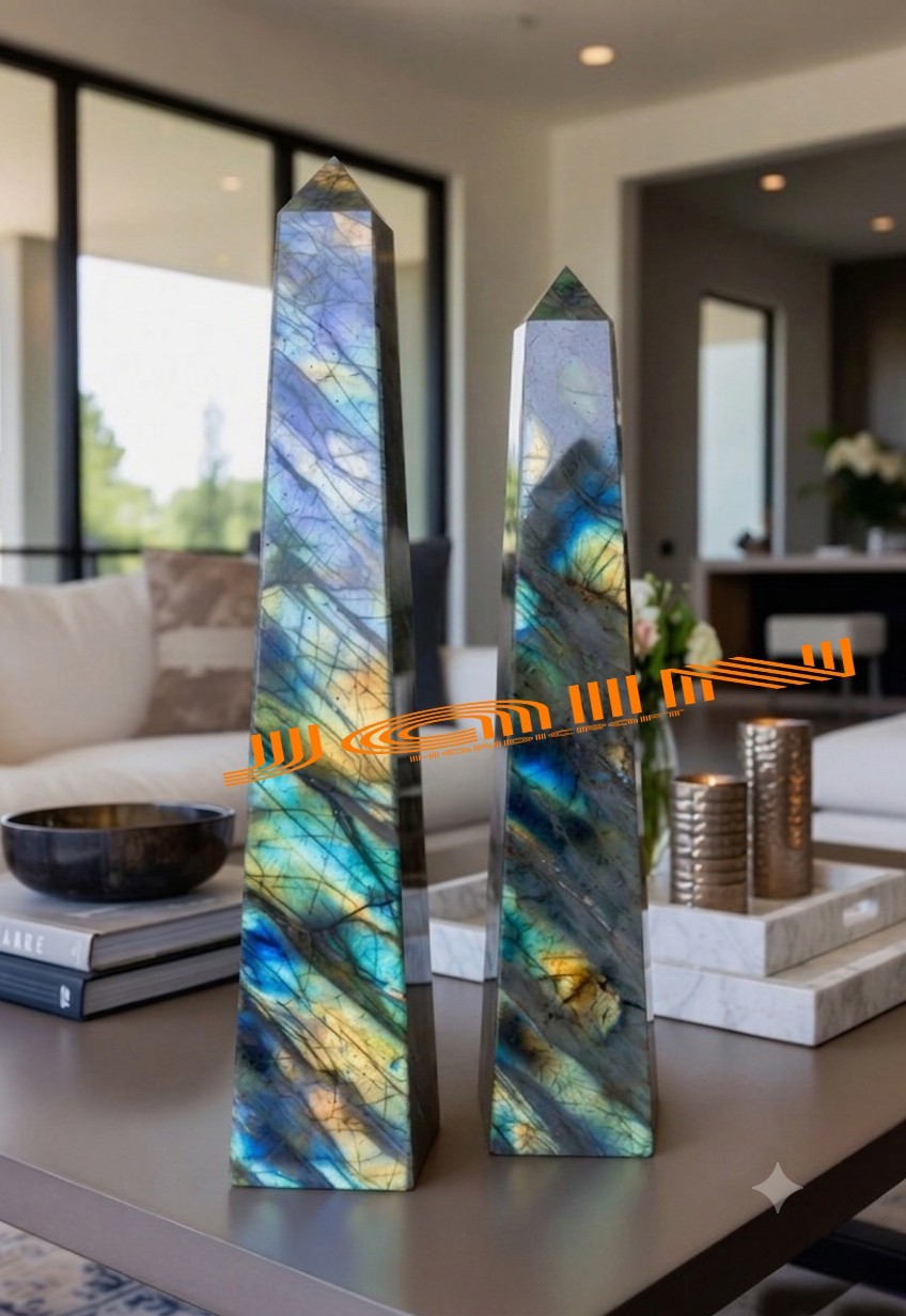 12″ two pcs Marble Obelisk inlay Labradorite home room decor arts & collectible