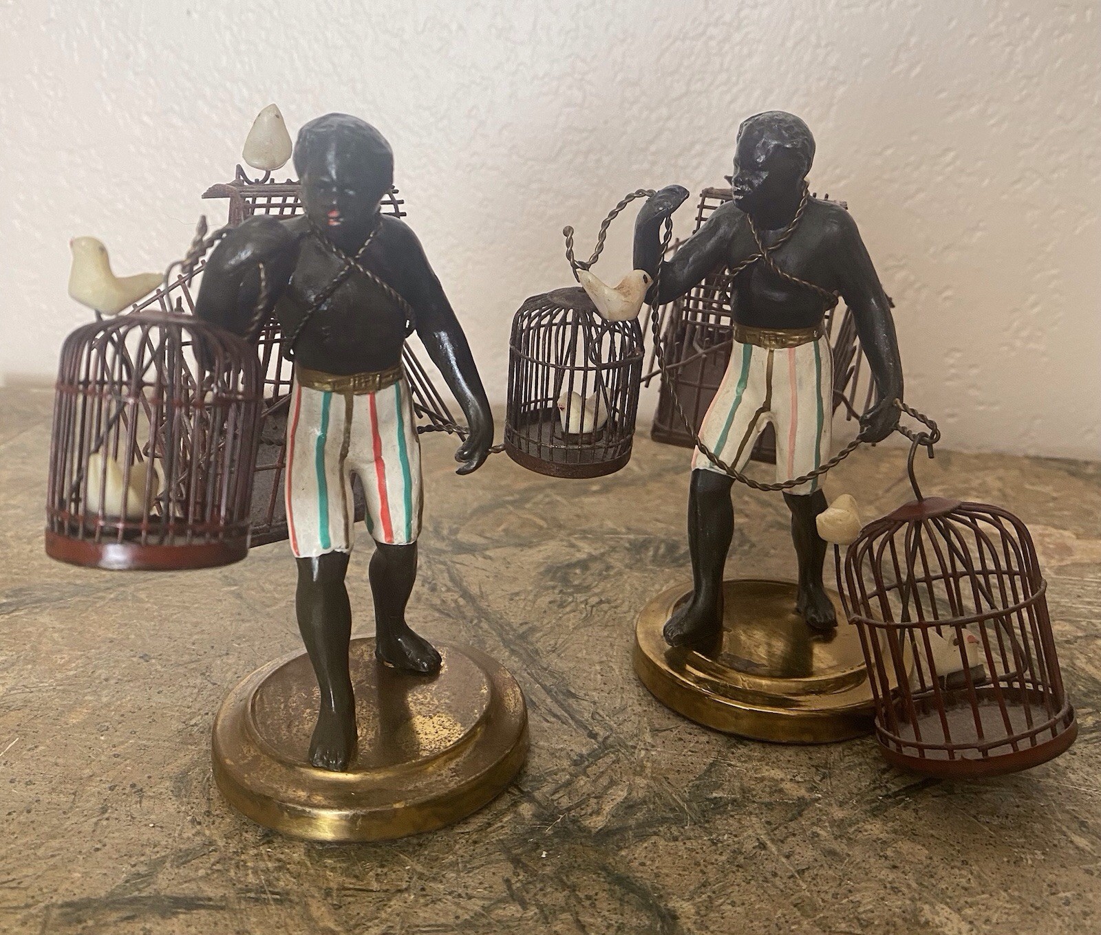 Petite Choses 5″ Blackamoor Bronze Nubian Birdcage Seller Figurines Pr.