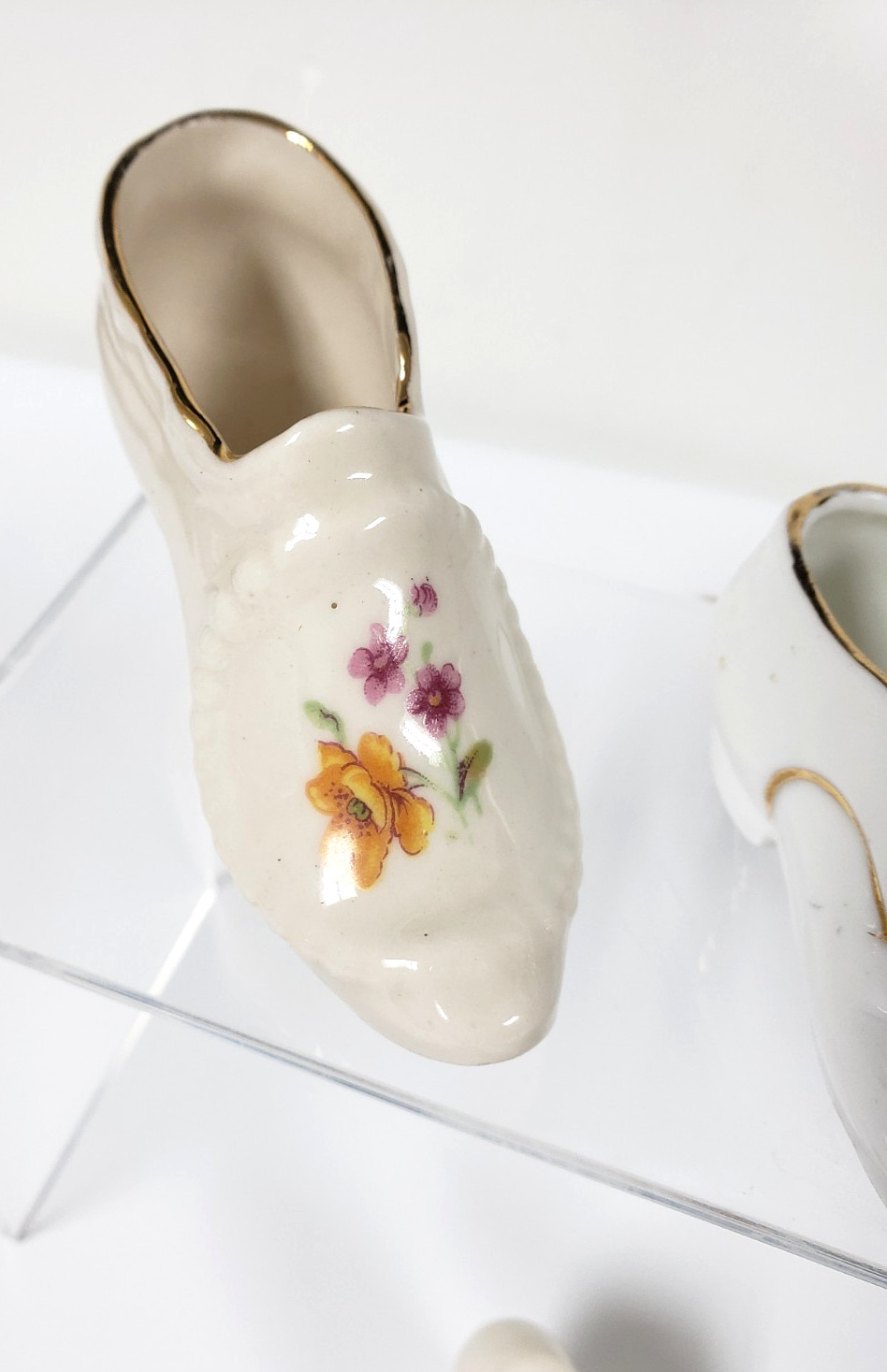 5 Vintage Porcelain Shoe figurines 2.5- 4in long floral ornate Japan decor lot