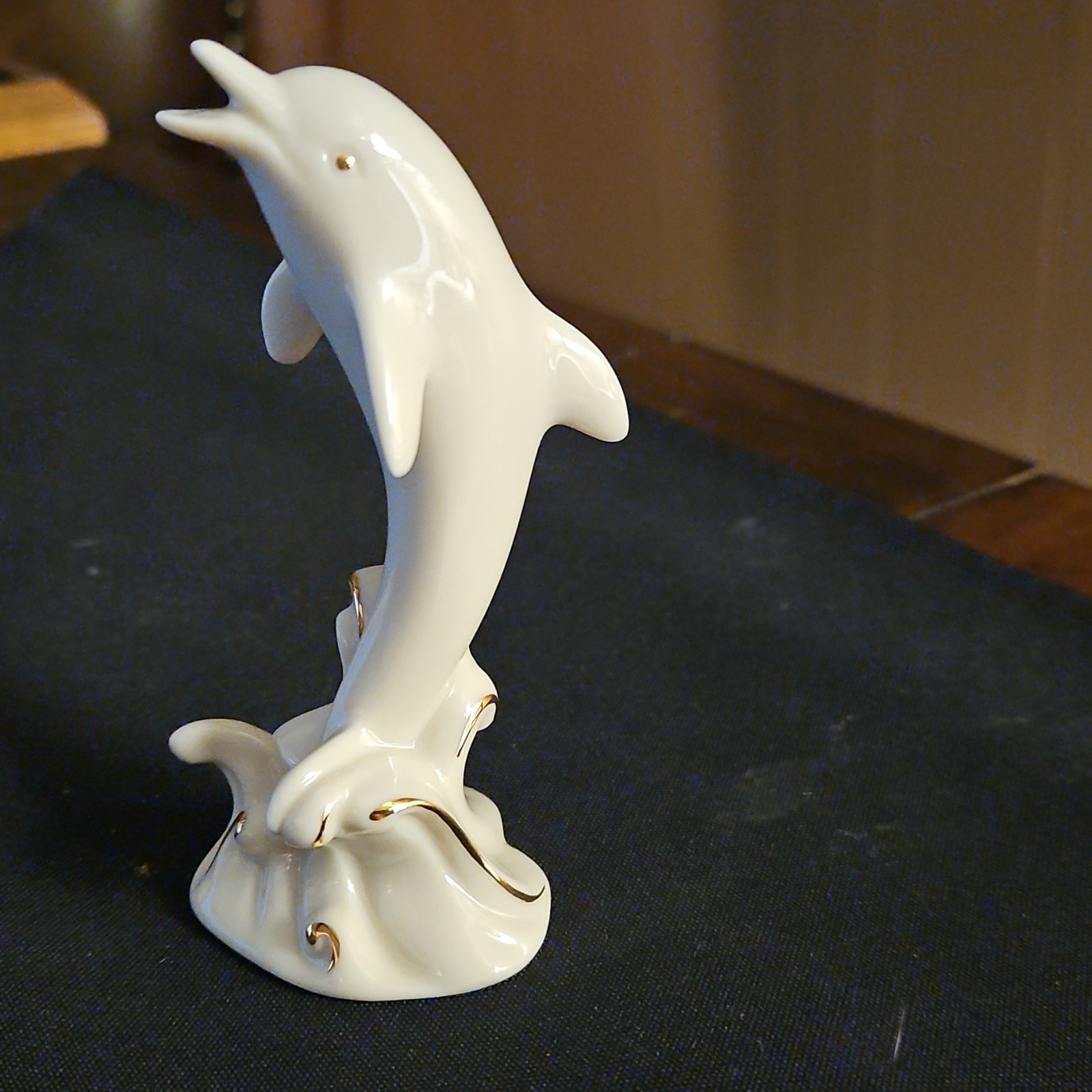Lenox Dolphin Figurine Ivory Porcelain 24K Gold Accents 4″ Jumping Wave Nautical