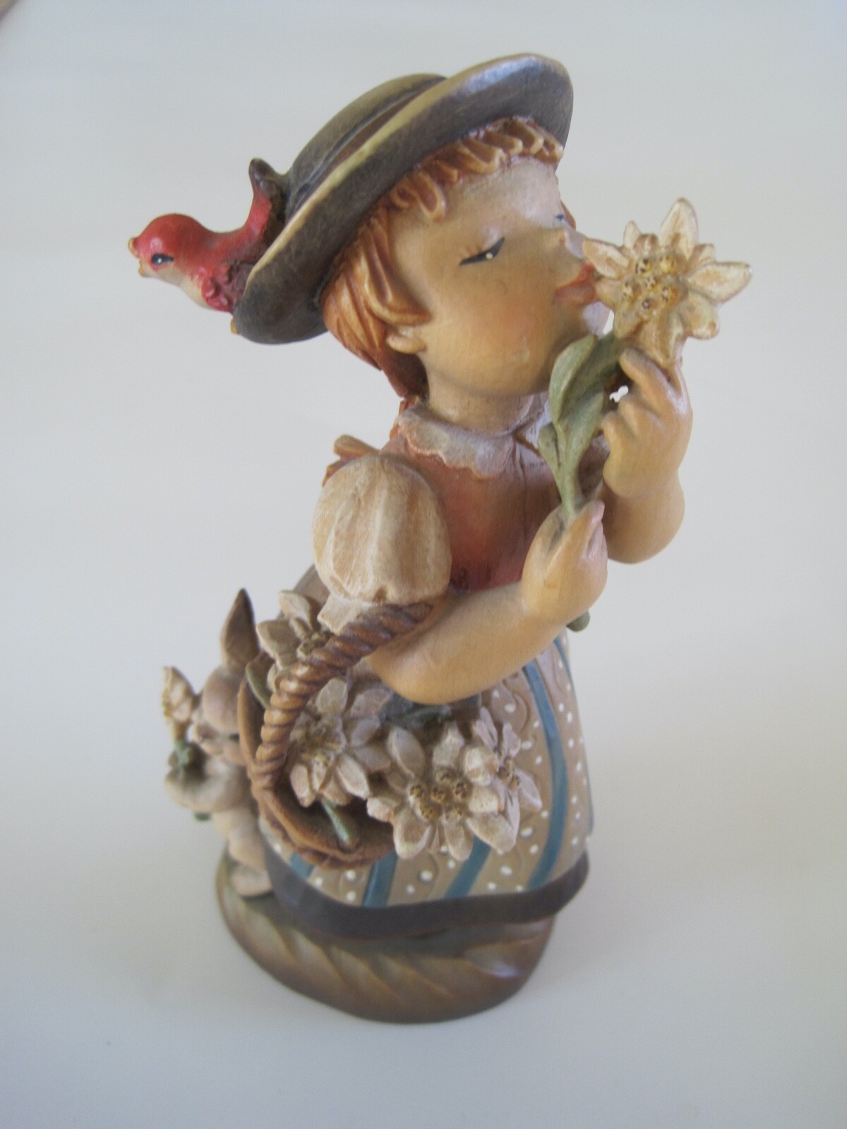 ANRI Italy Wood Carving Golden Blossom Girl Rabbit Vintage Approx. 6″ EUC