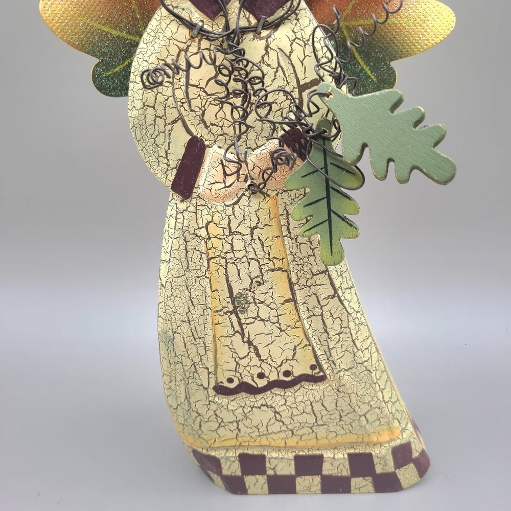 Vintage Wood Crackle Folk Art Angel with Glittery Wings Holding Fall Leaves