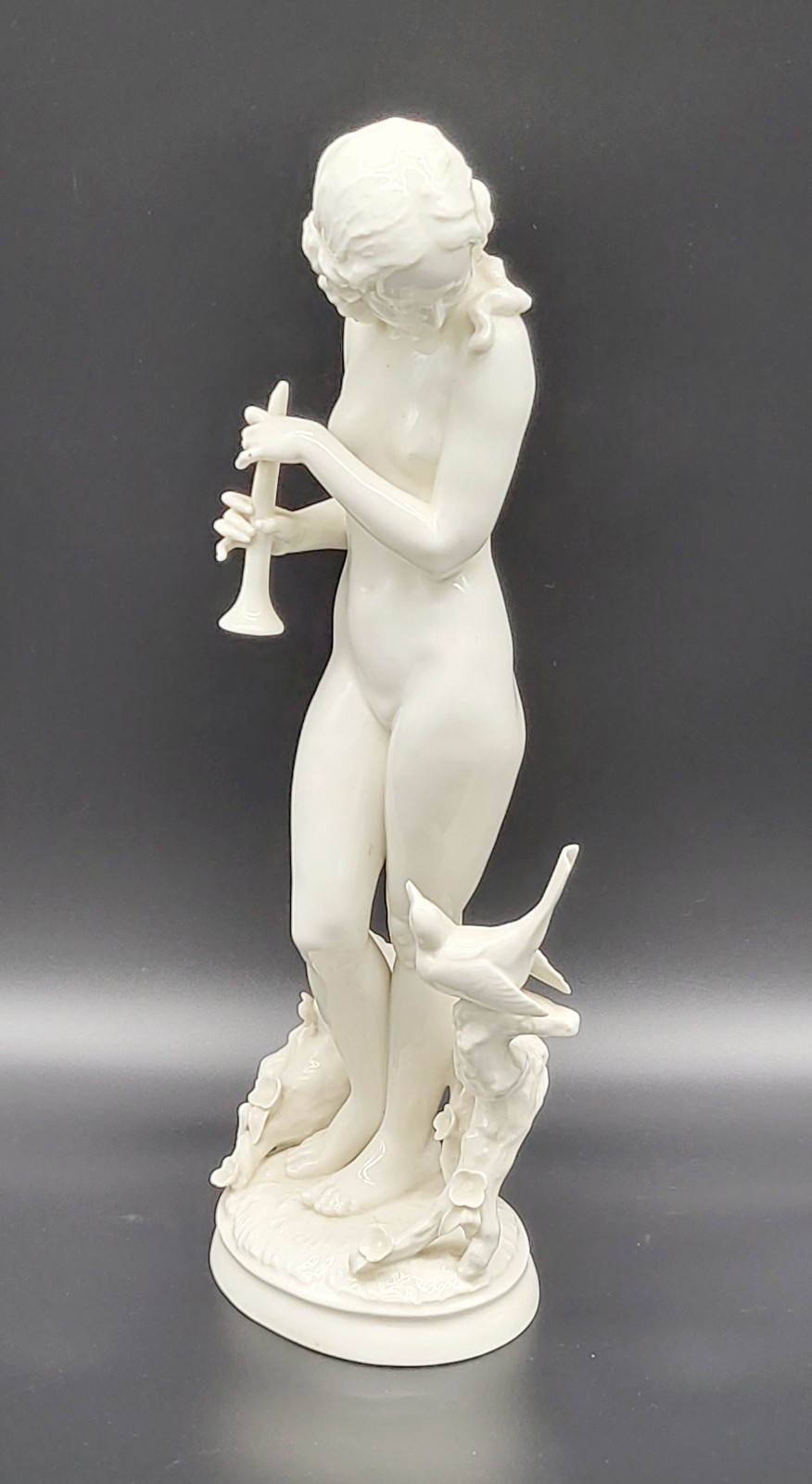 Art Deco 13″ Hutchenreuther Statue, Nude Lady with Flute, Bird, Carl Werner