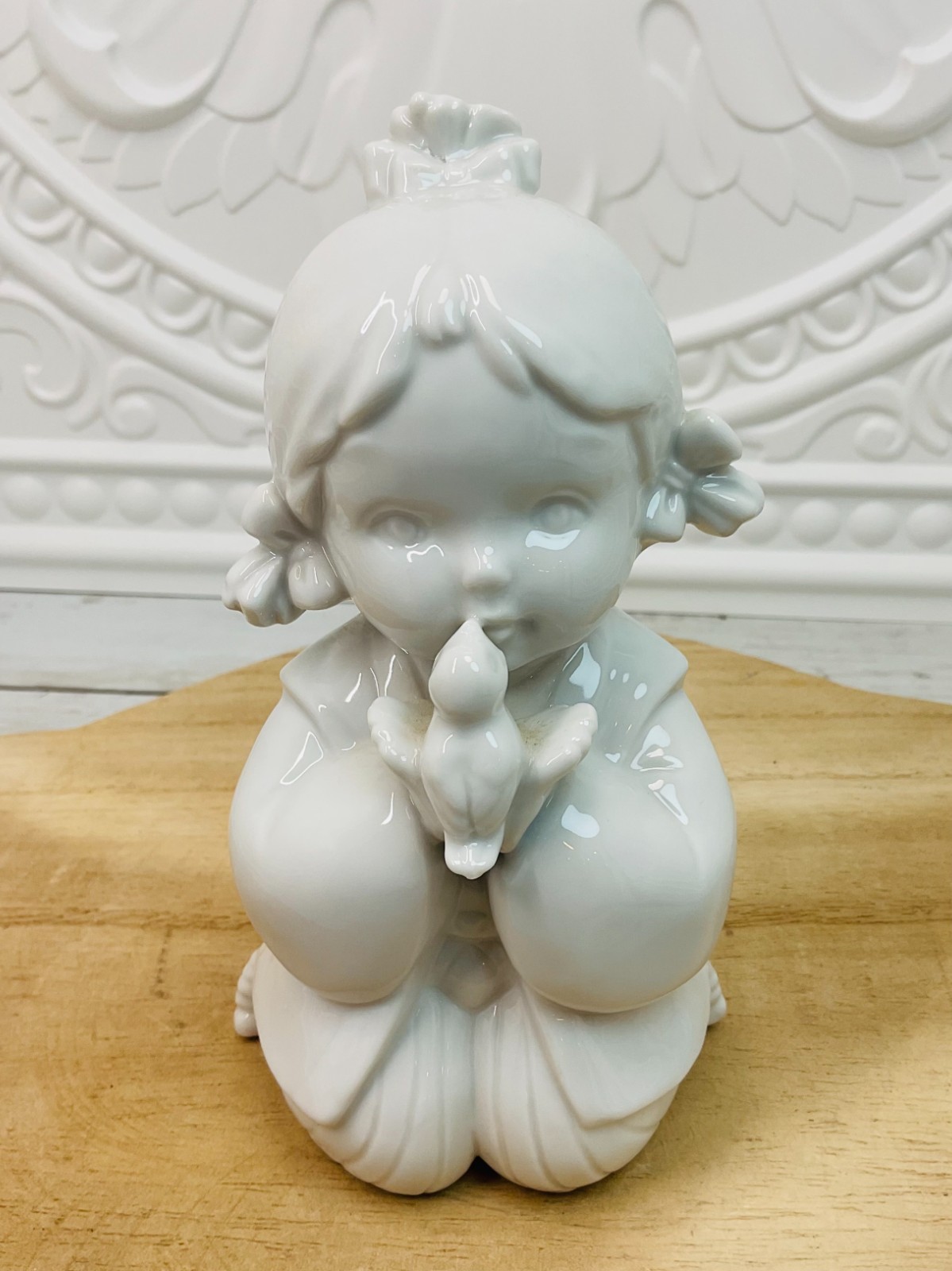 Vintage Toyo Japan Girl Kissing Bird Figurine Blanc De Chine Porcelain 6″