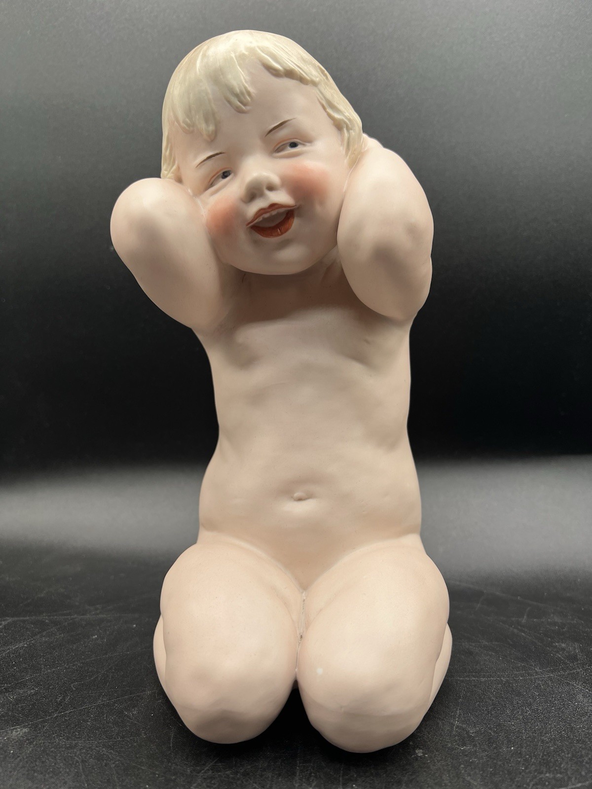 Gebruder Heubach-German Porcelain Bisque-Sitting Nude Piano Baby 9 1/2″