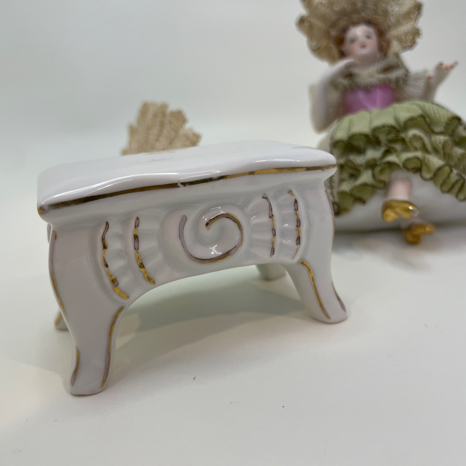 Vintage Porcelain Figurine Lady Fabric Lace Dress Umbrella Parasol Bench Sitter