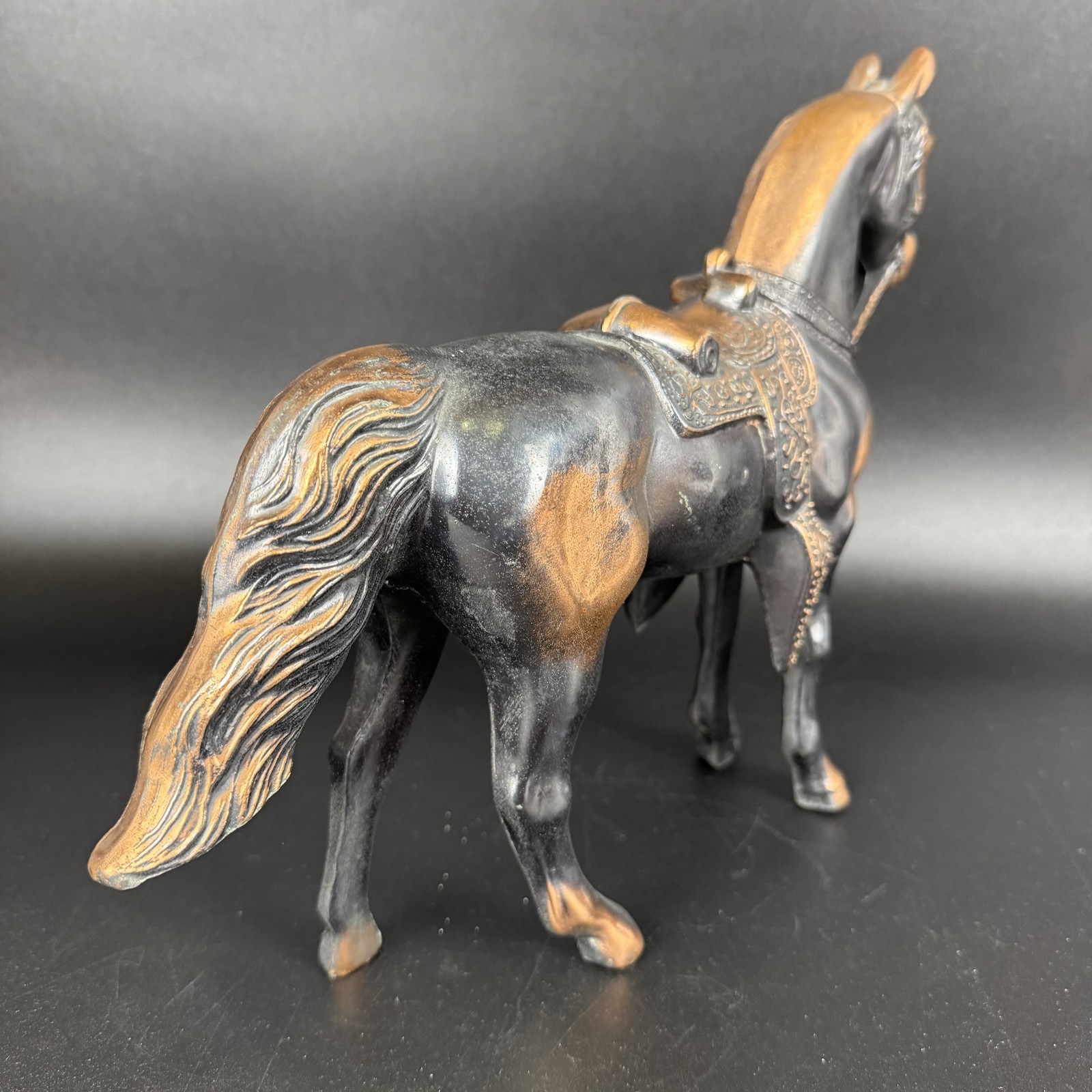 Vtg Cast Metal Copper Bronze Horse Stallion Saddle Figurine 10″ Tall