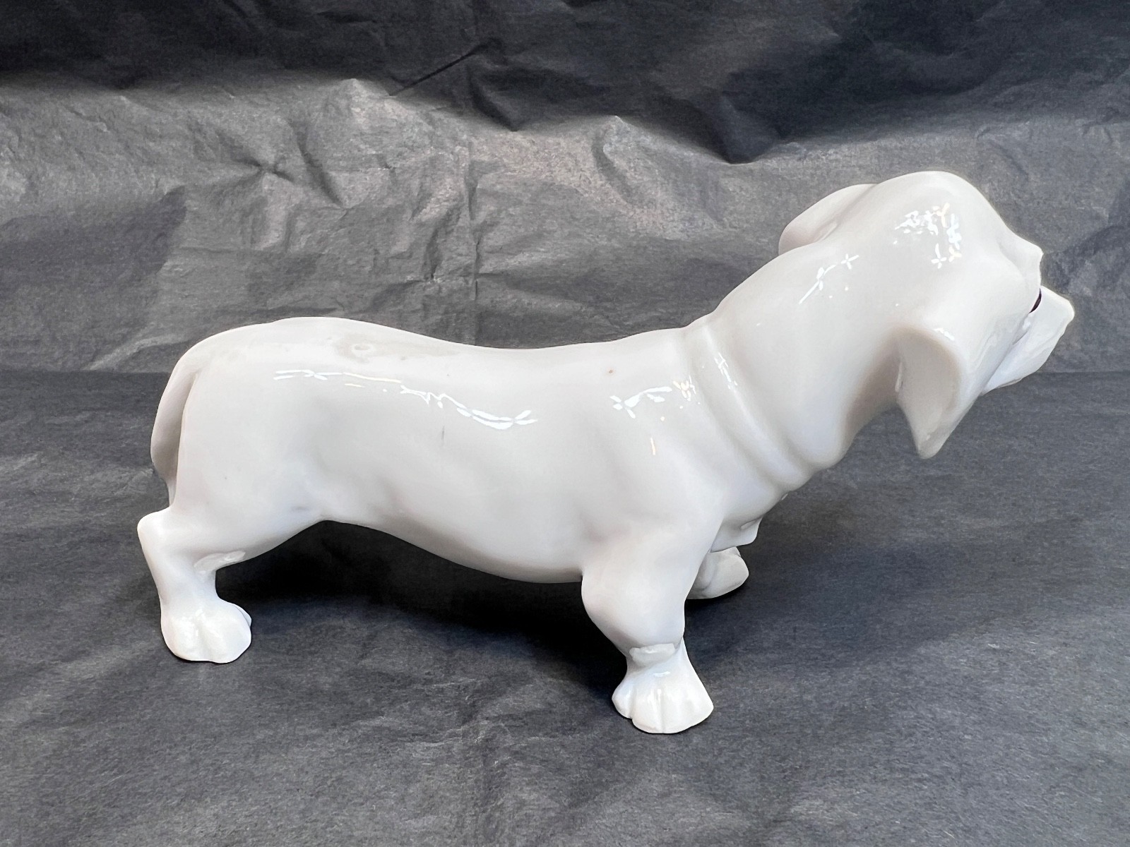Antique German Gebruder Heubach Porcelain Figurine Dachshund Dog Glass Eyes