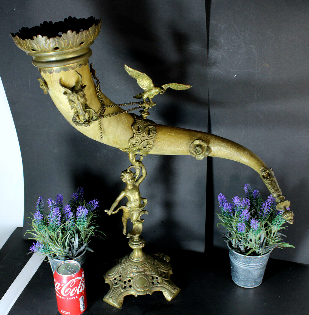 Antique XL 19thc Bronze Cornucopia horn ram eagle Statue putti cherub