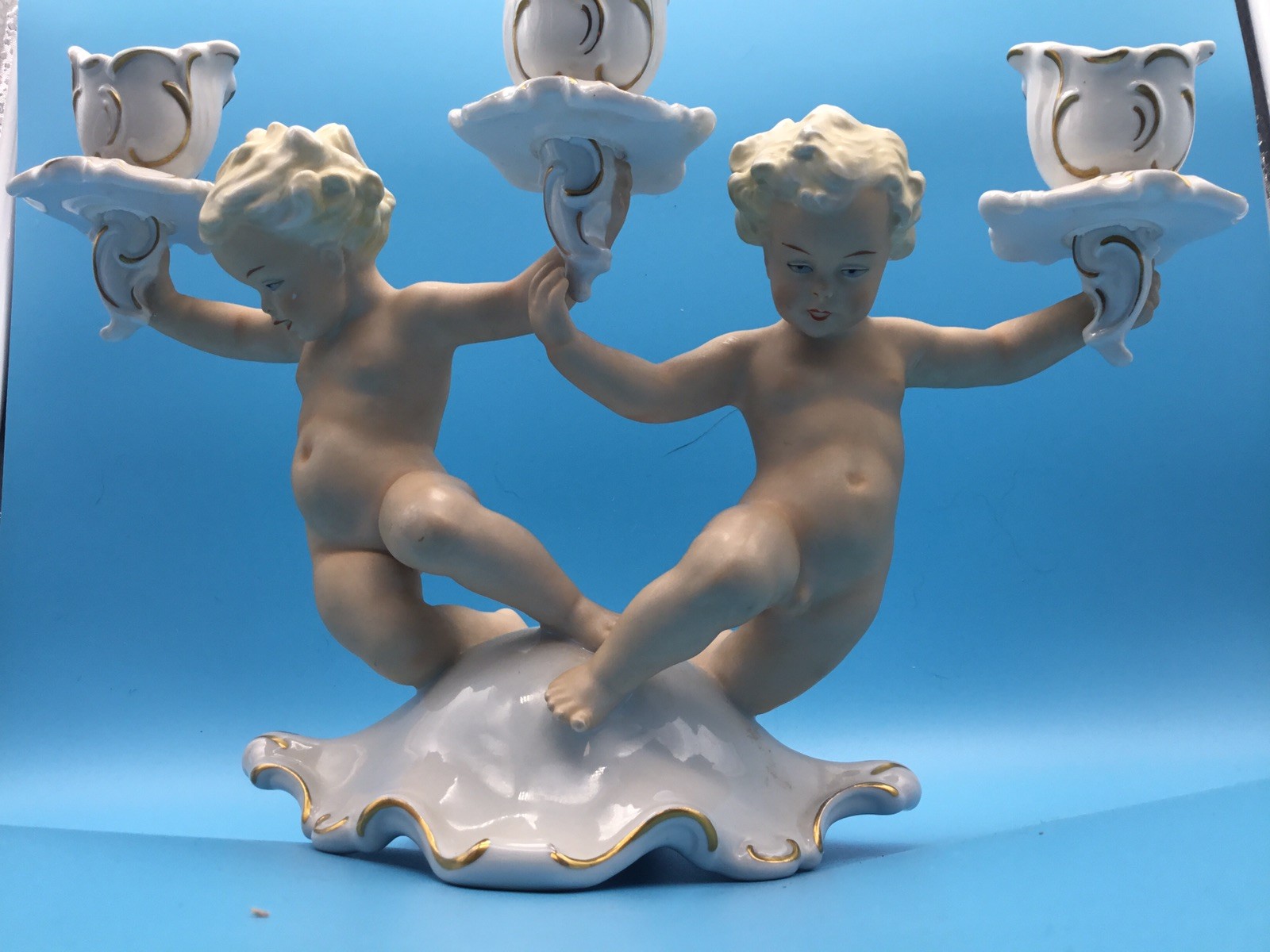 Vintage Schau Bach Kunst Porcelain Cherub Candelabra #5029, 1926-1953 Germany