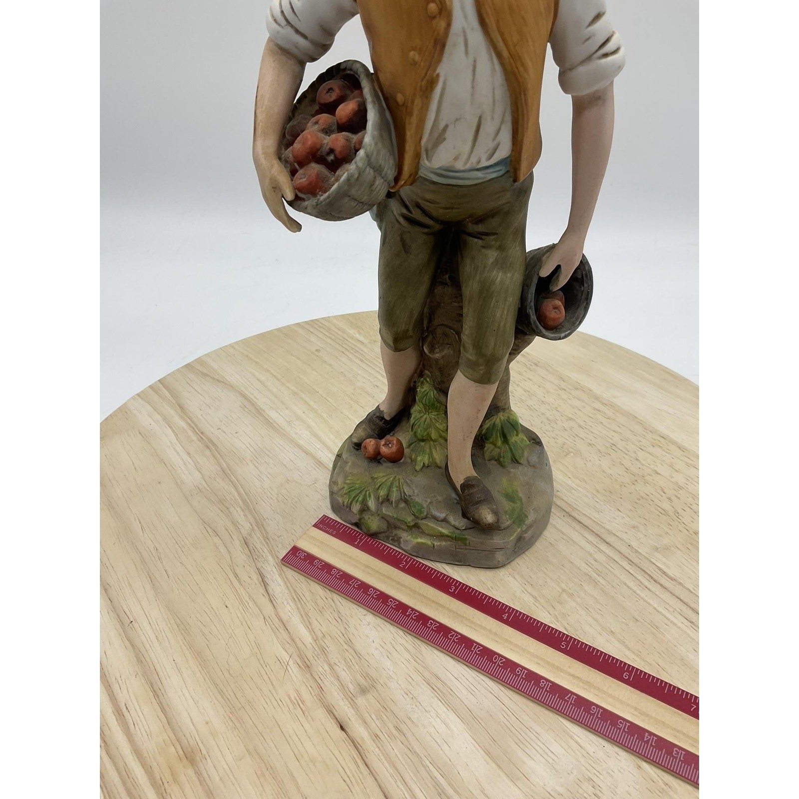 Vintage Ceramic Boy With Apple Baskets Figurine Farmhouse Home Interior Decor