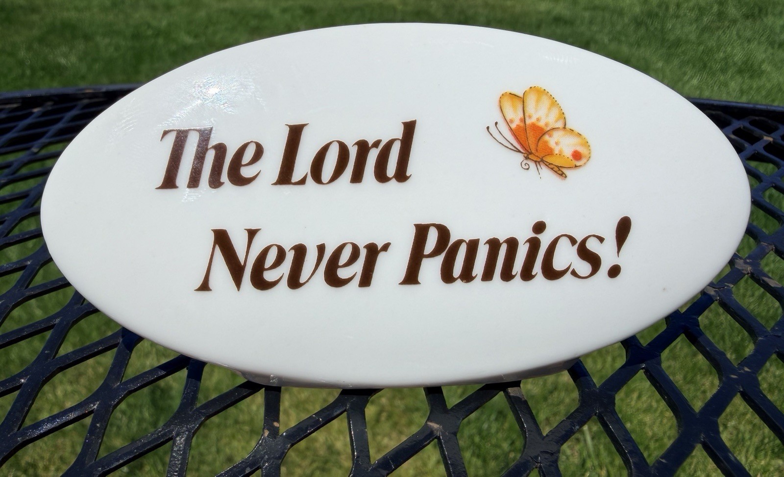 Vntg The Lord Never Panics! Figurine Paperweight Religious Inspiration Butterfly