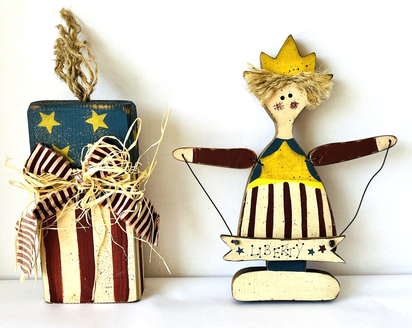 July 4 Lady Liberty & Firecracker Primitive Hand Painted Wood Figurines America