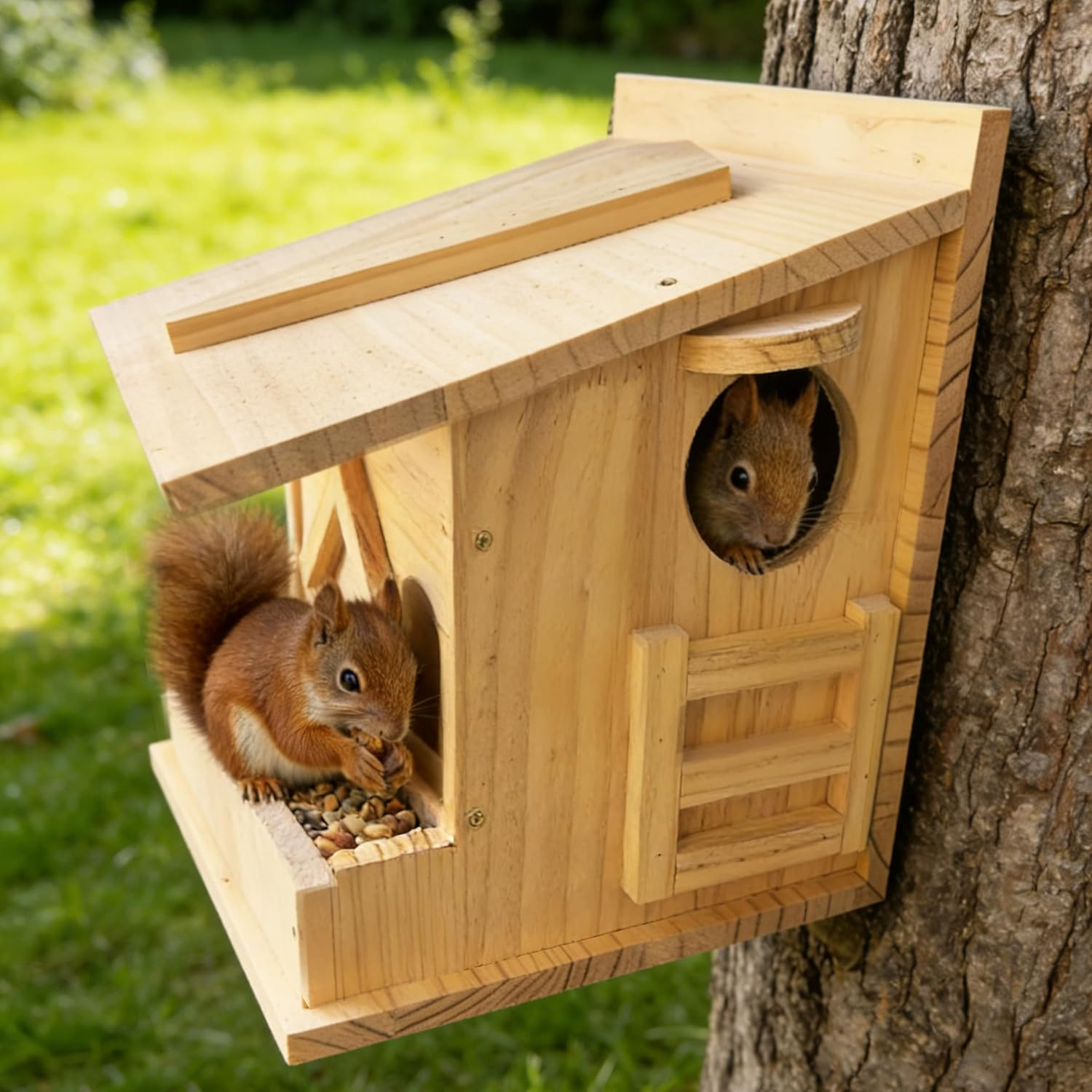 Natural Solid Wood Squirrel House with Feeding Shelf – Handmade Outdoor Nesting