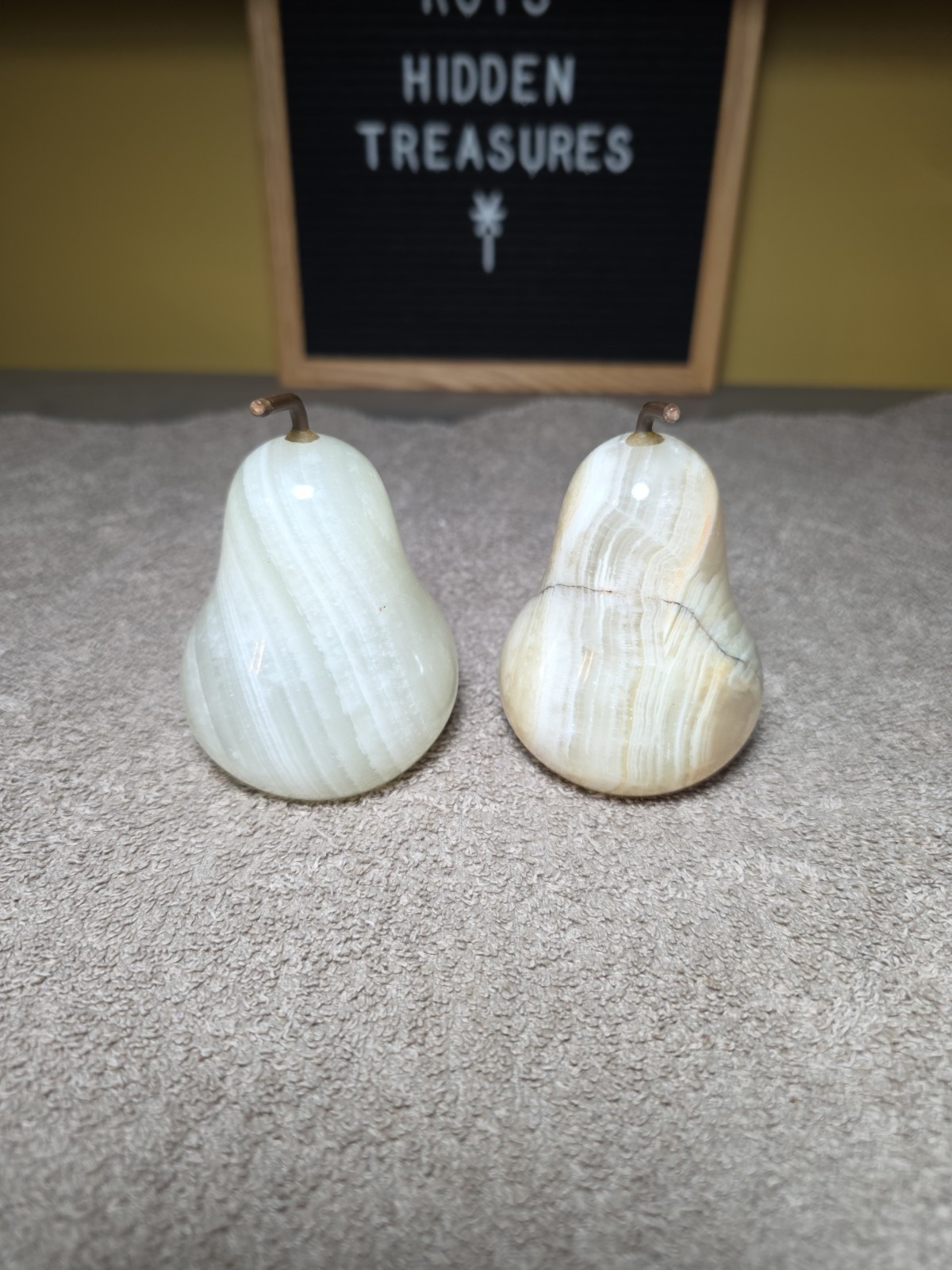 Set of 2 Vtg ONYX Solid Stone PEARS Pear Sculptures FRUIT DECOR Metal Stems MCM