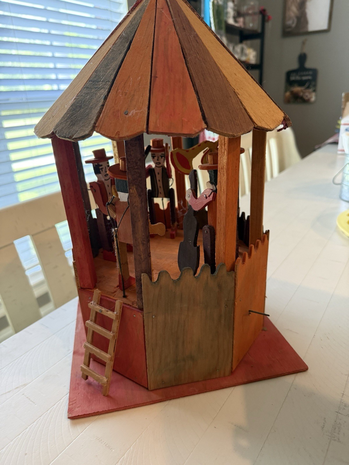 Whimsical Folk Art Wooden Automated Men Holding Musical Instruments in a Gazebo