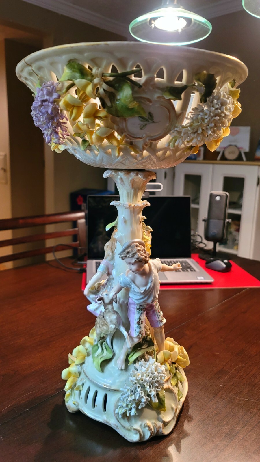 DECORATIVE CENTERPIECE INTRICATE DETAILED FIGURINE PEDESTAL BOWL EUROPE PRE-WWII