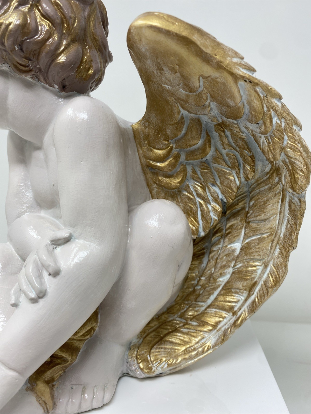 VTG Winged Cherub Angel Sitting Hand painted Gold/ White 10” H